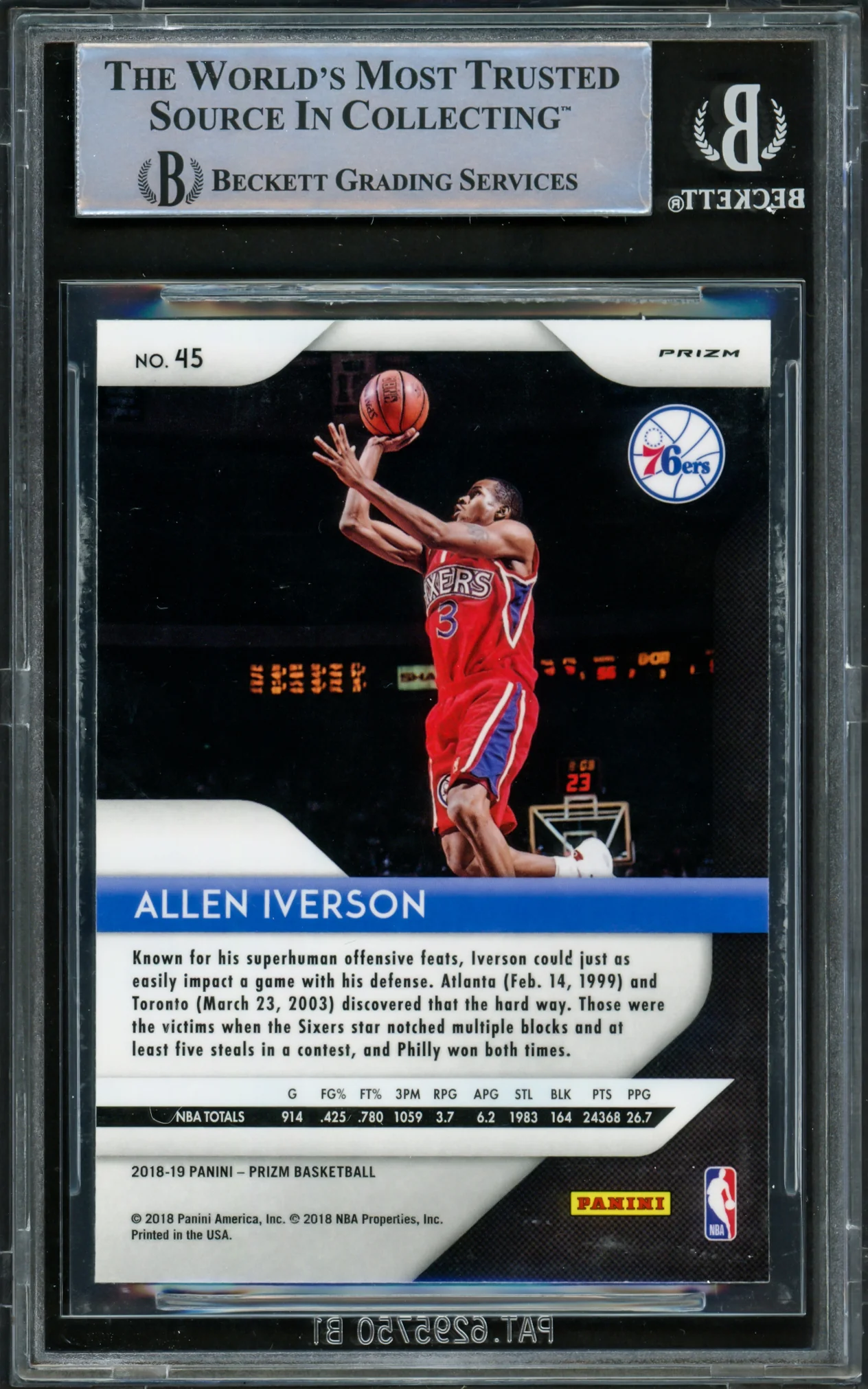 Allen Iverson Autographed 2018-19 Panini Prizm Prizms Silver Card #45 Philadelphia 76ers Beckett BAS Witnessed #16563075 - Image 2