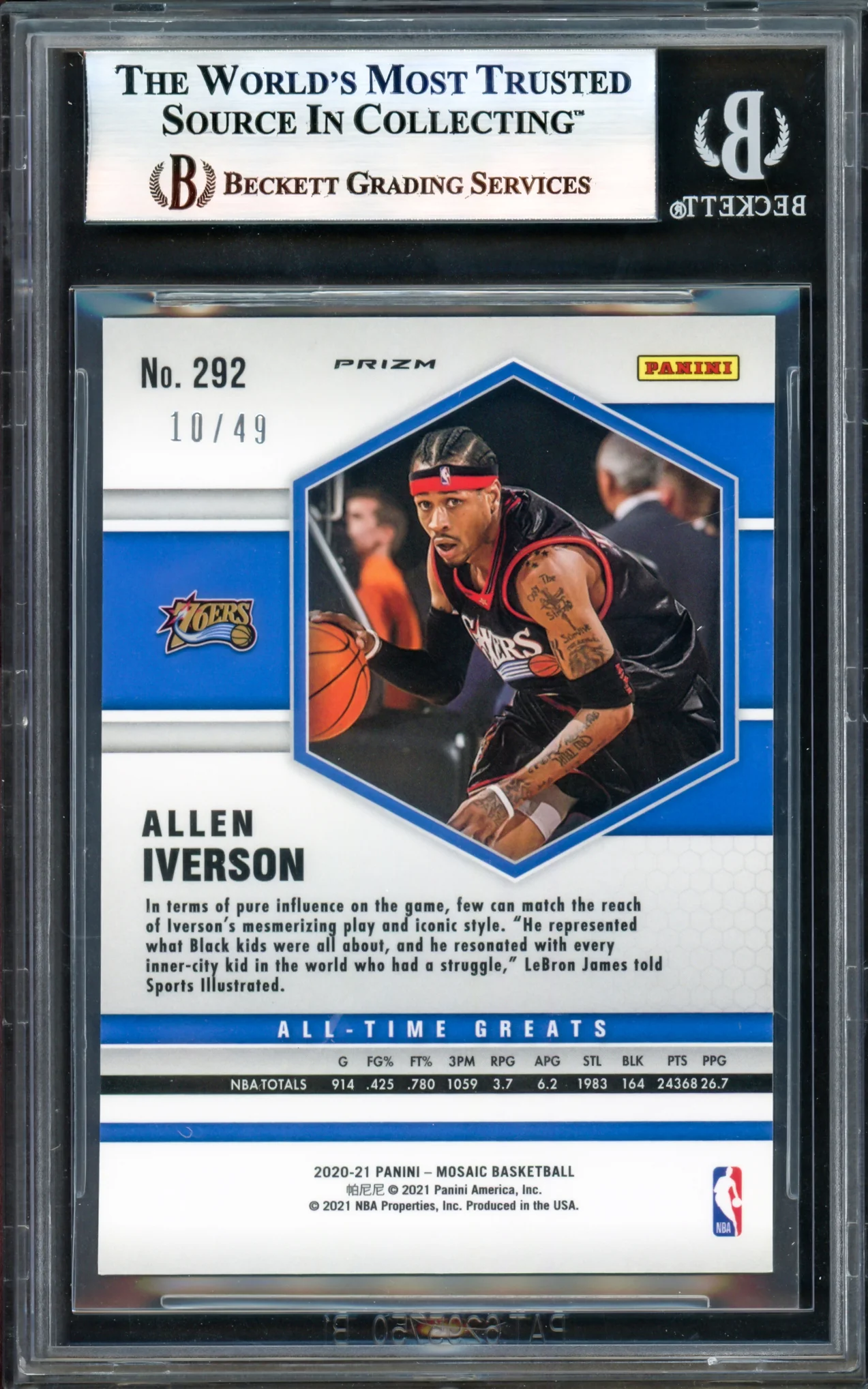 Allen Iverson Autographed 2020-21 Panini Mosaic Purple Card #292 Philadelphia 76ers #10/49 Beckett BAS Witness #17005716 - Image 2