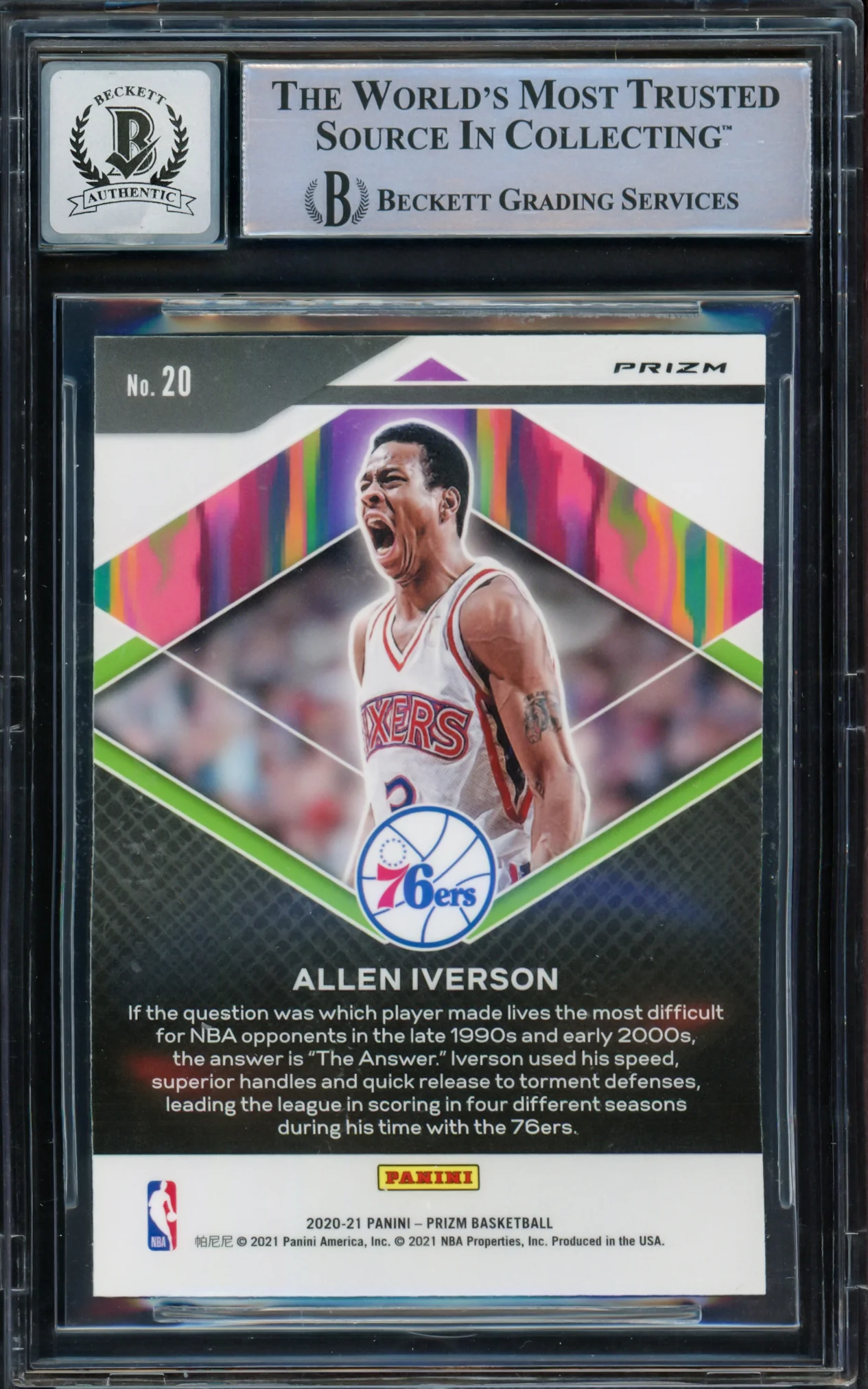 Allen Iverson Autographed 2020-21 Panini Prizm Fearless Prizms Hyper Card #20 Philadelphia 76ers Auto Grade Gem Mint 10 Beckett BAS Witnessed Stock #233522 - Image 2