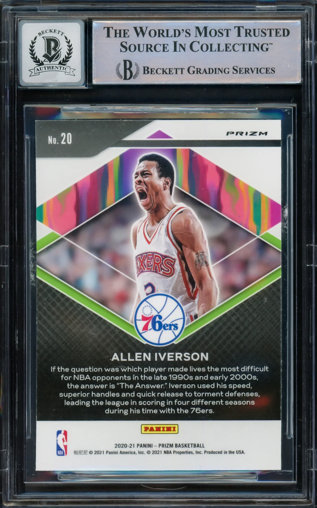 Allen Iverson Autographed 2020-21 Panini Prizm Fearless Prizms Silver Card #20 Philadelphia 76ers Auto Grade Gem Mint 10 Beckett BAS Witnessed #16562558 - Image 2