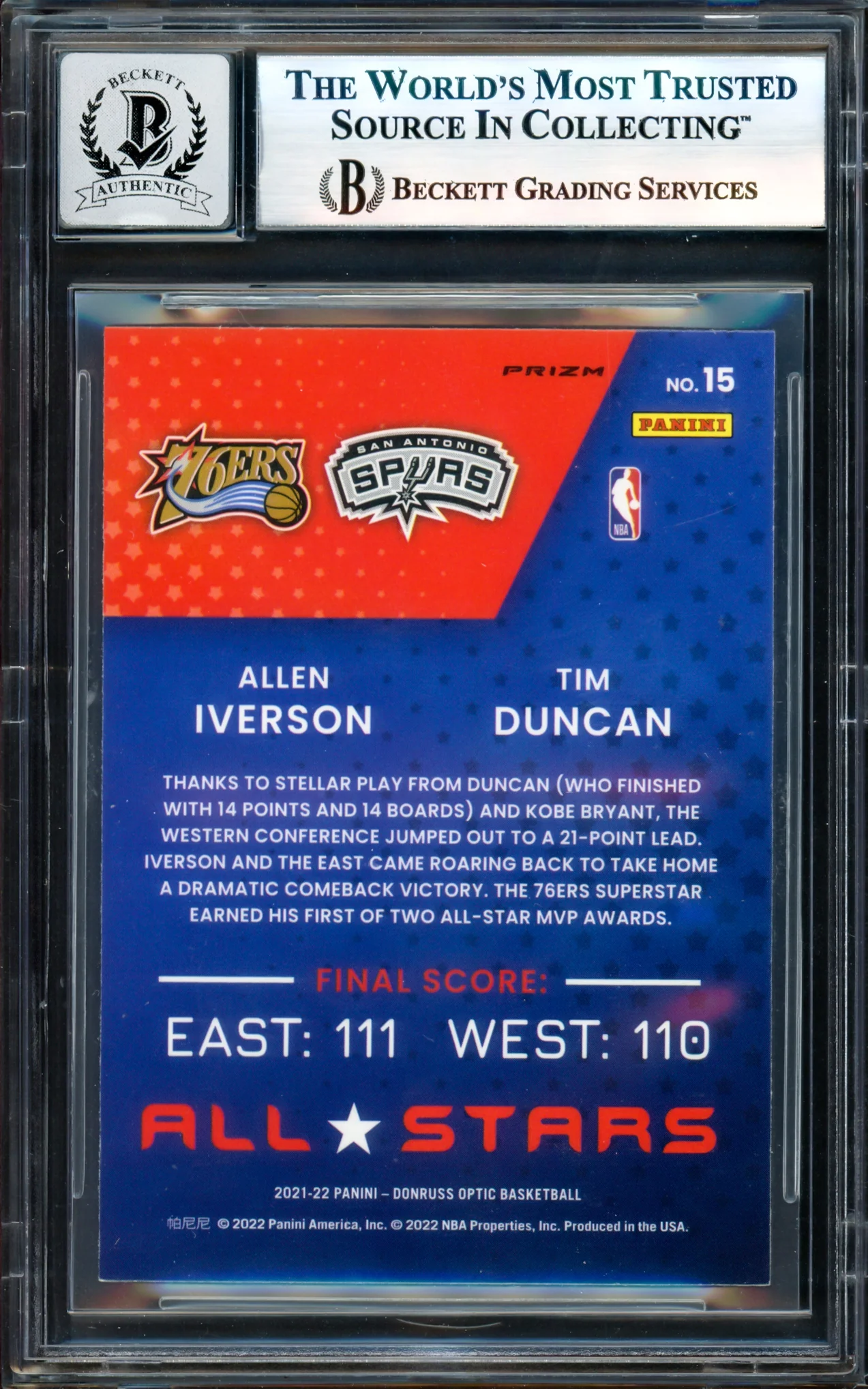 Allen Iverson Autographed 2021-22 Donruss Optic All-Stars Holo Card #15 Philadelphia 76ers Auto Grade Gem Mint 10 Beckett BAS Witness #17003538 - Image 2