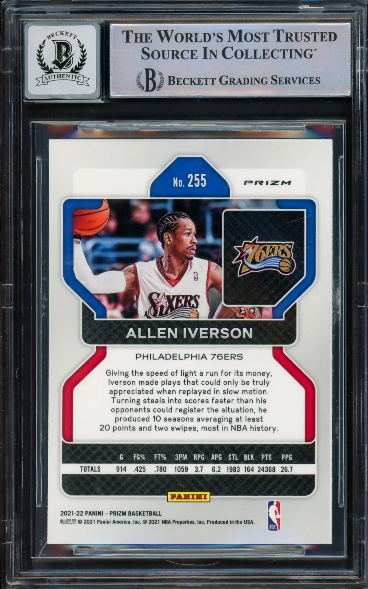 Allen Iverson Autographed 2021-22 Panini Prizm Prizms Ice Card #255 Philadelphia 76ers Auto Grade Gem Mint 10 Beckett BAS Witnessed Stock #233527 - Image 2