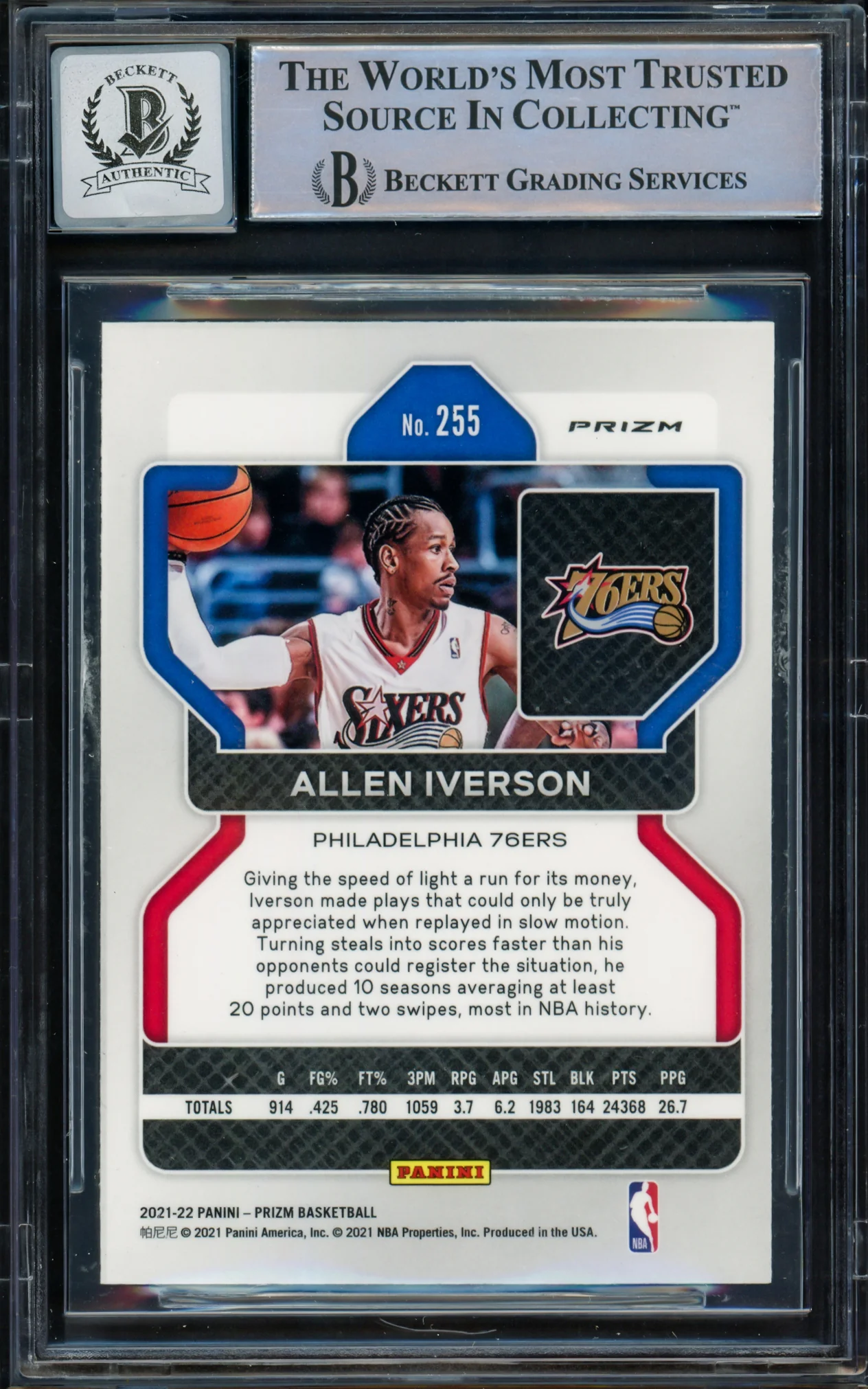 Allen Iverson Autographed 2021-22 Panini Prizm Prizms Red Ice Card #255 Philadelphia 76ers Auto Grade Gem Mint 10 Beckett BAS Witnessed Stock #233532 - Image 2