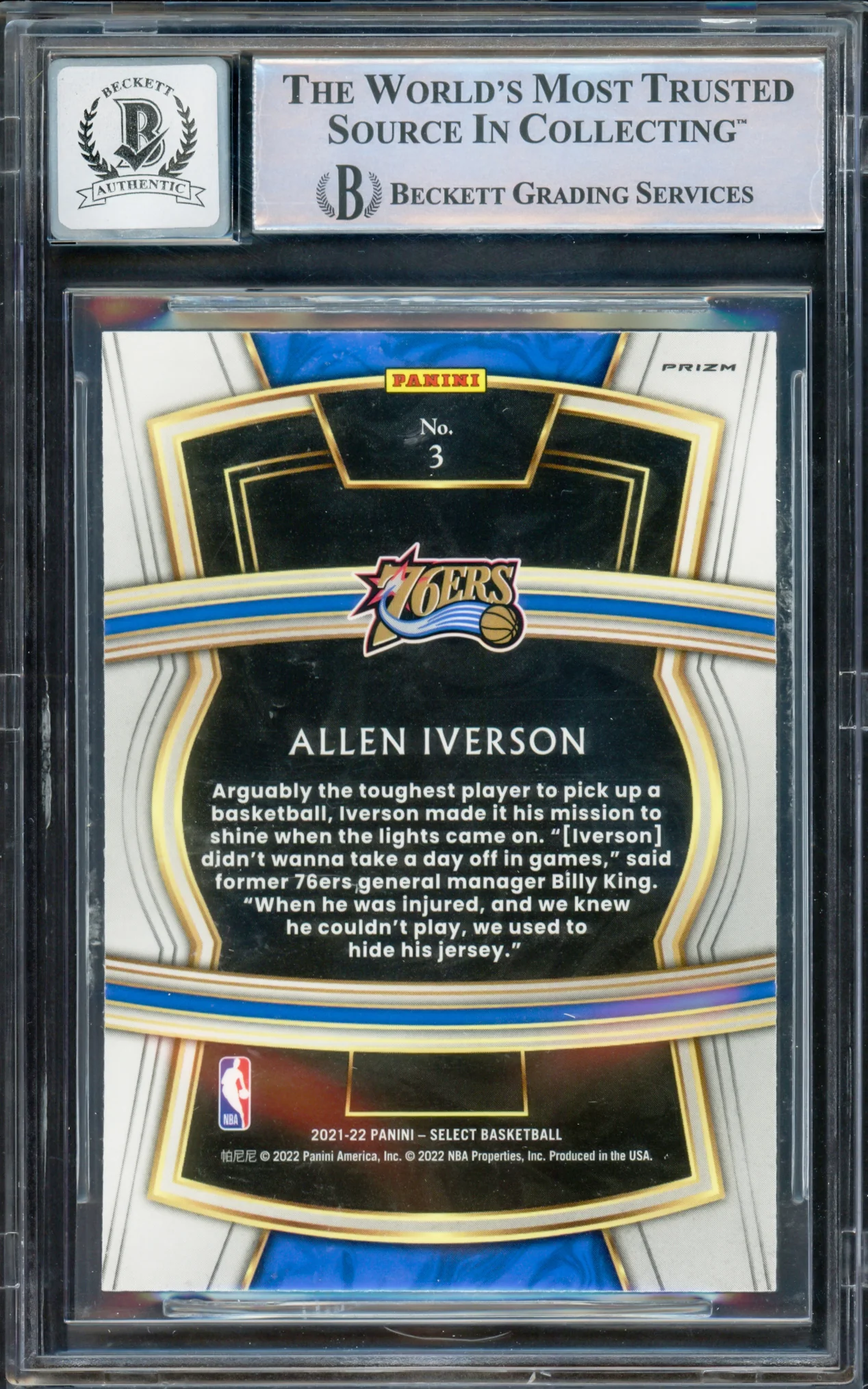 Allen Iverson Autographed 2021-22 Select Company Prizms Red Card #3 Philadelphia 76ers Auto Grade Gem Mint 10 Beckett BAS Witnessed #16562533 - Image 2