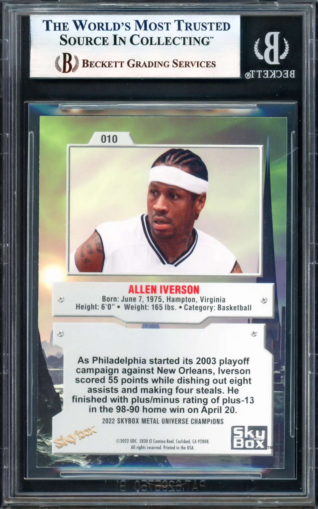 Allen Iverson Autographed 2022 Metal Universe Champions Card #10 Philadelphia 76ers Beckett BAS Witness #17005749 - Image 2