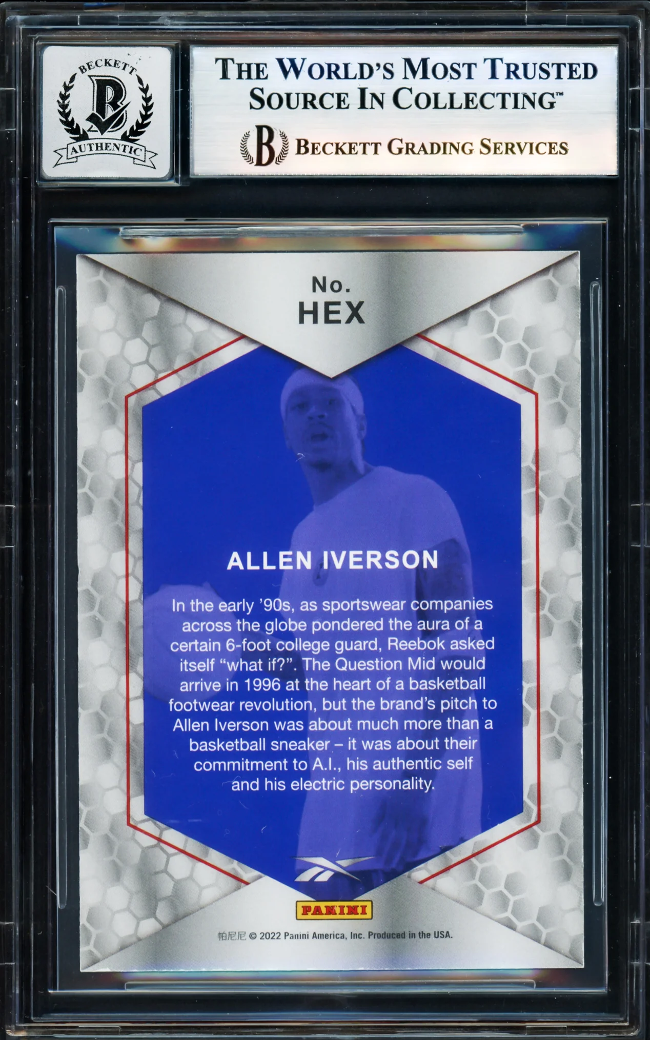 Allen Iverson Autographed 2022 Panini X Reebok Blue Holofoil Card #HEX Card Philadelphia 76ers Auto Grade Gem Mint 10 Beckett BAS Witness Stock #235060 - Image 2
