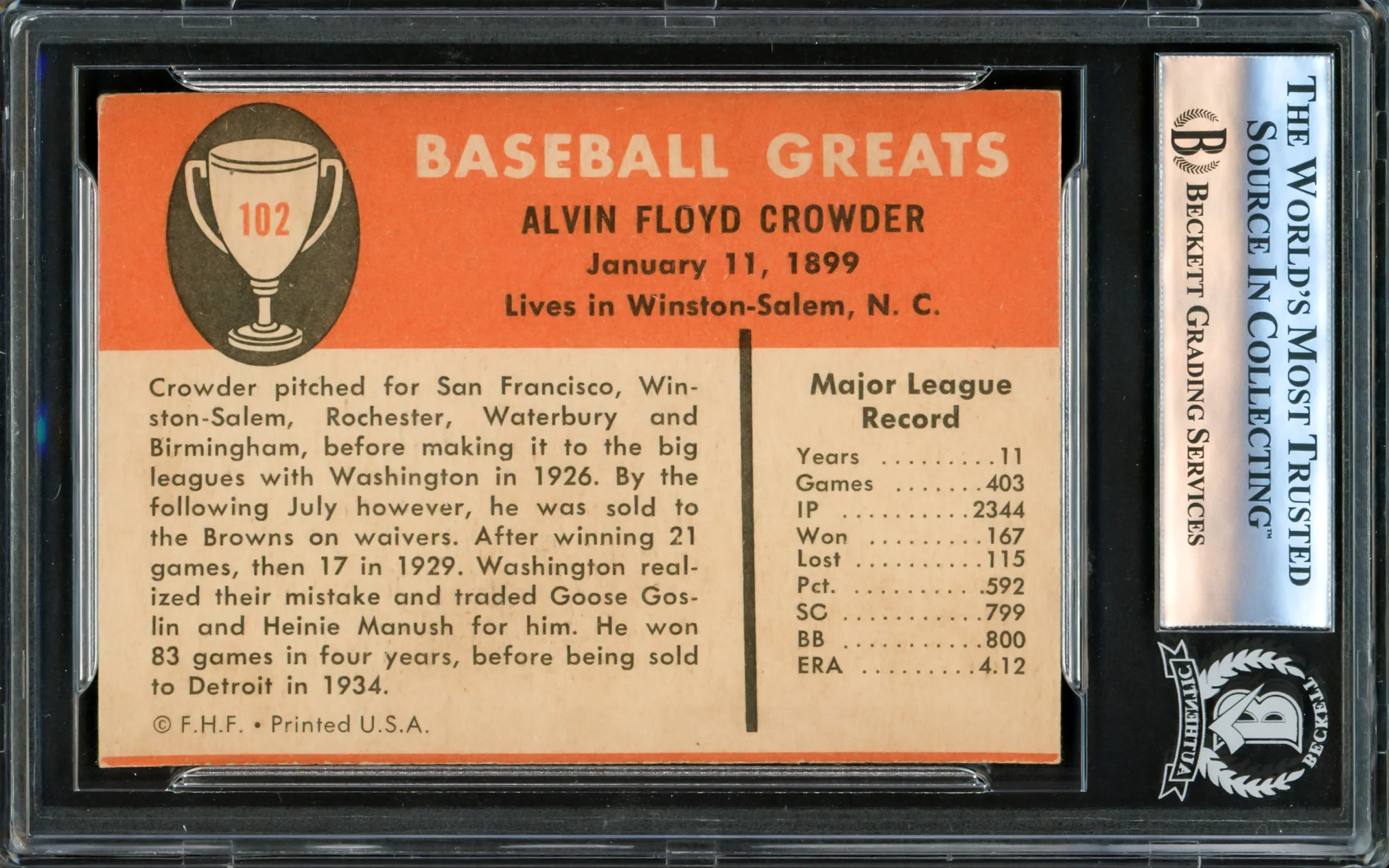 Alvin General Crowder Autographed 1961 Fleer Card #102 Detroit Tigers Beckett BAS #16175534 - Image 2
