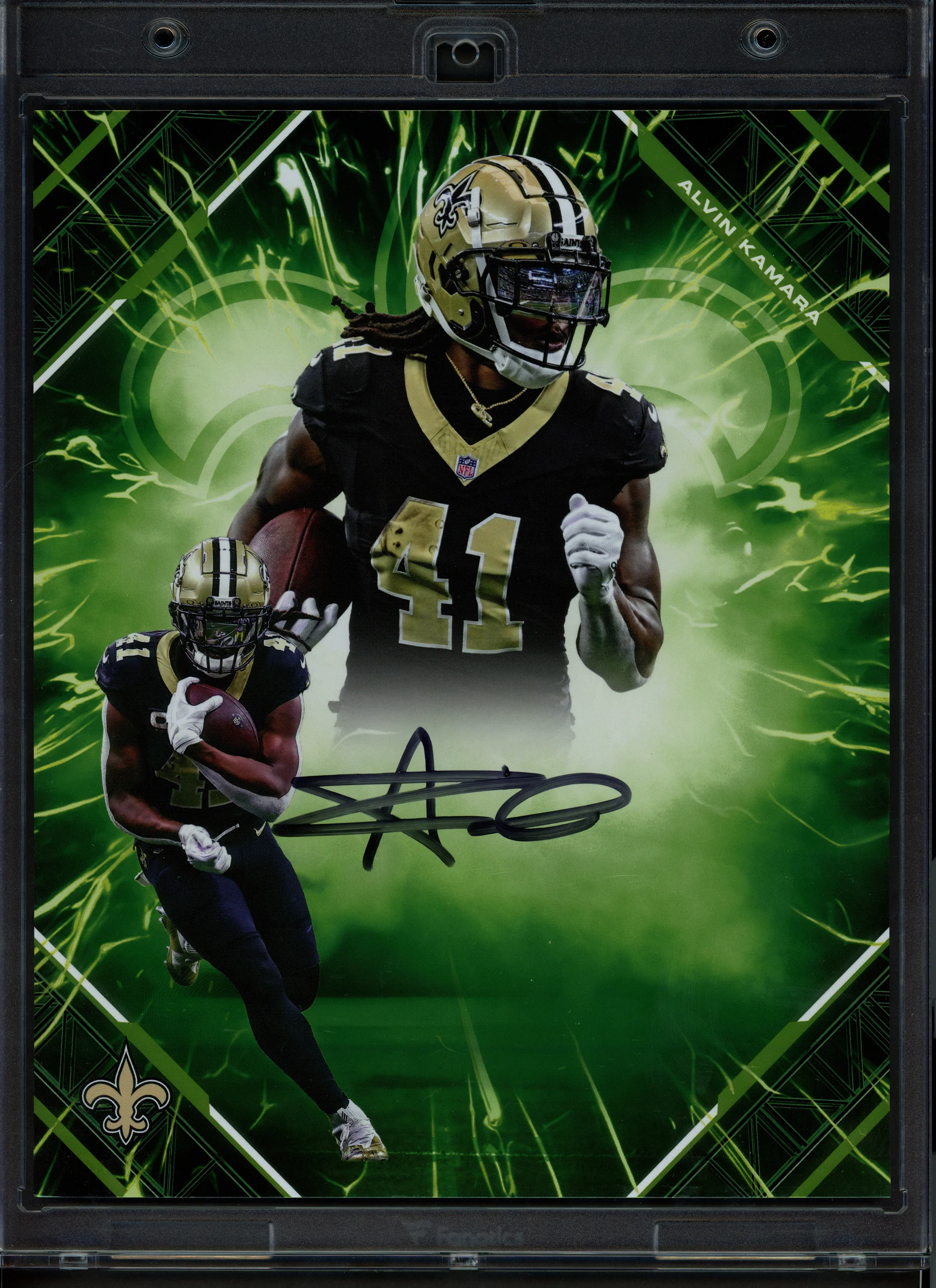 Alvin Kamara Autographed 2025 Under Wraps NFL Emanate Green Card New Orleans Saints #81/99 Fanatics Holo #BB14599025