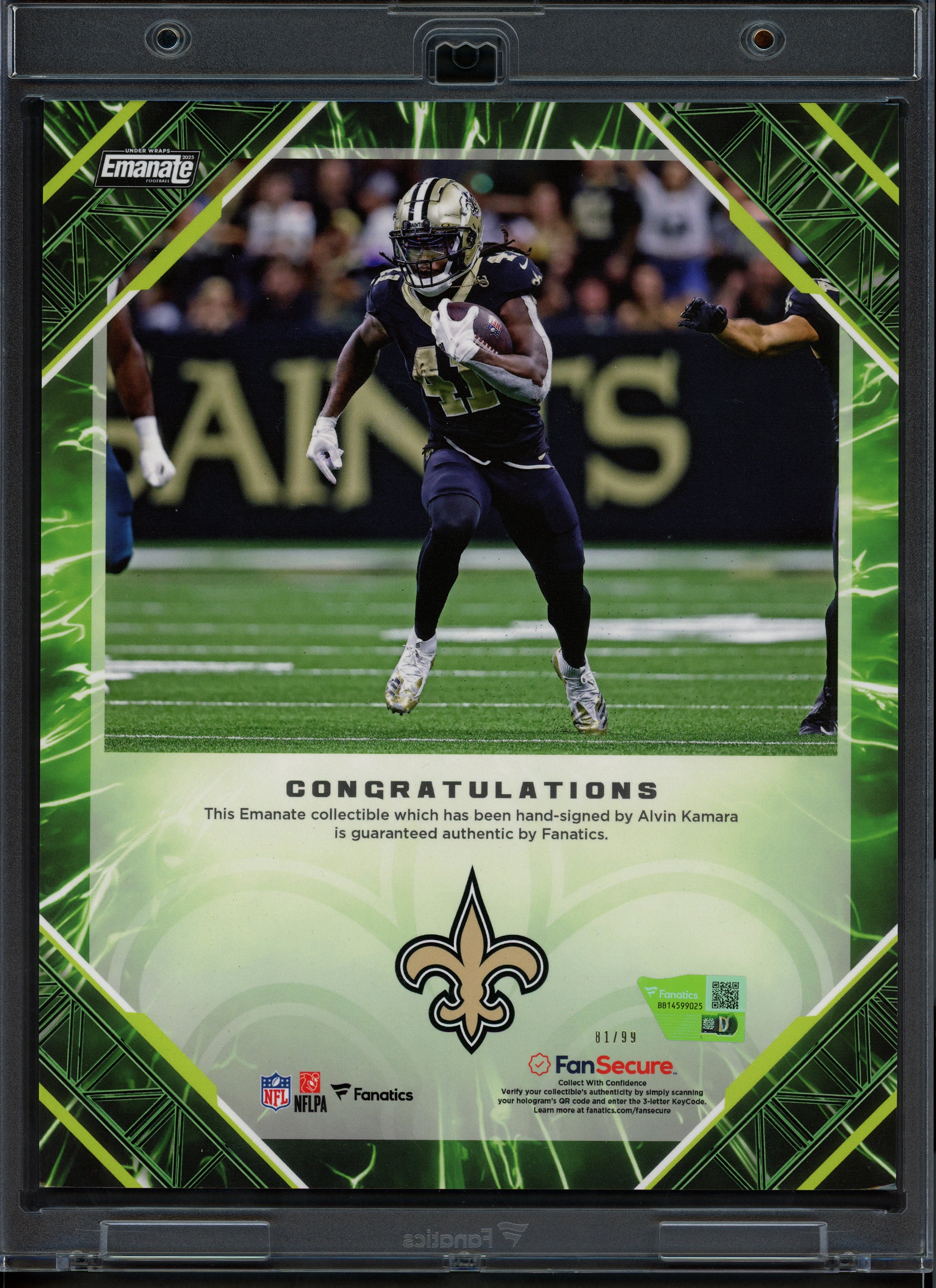 Alvin Kamara Autographed 2025 Under Wraps NFL Emanate Green Card New Orleans Saints #81/99 Fanatics Holo #BB14599025 - Image 2
