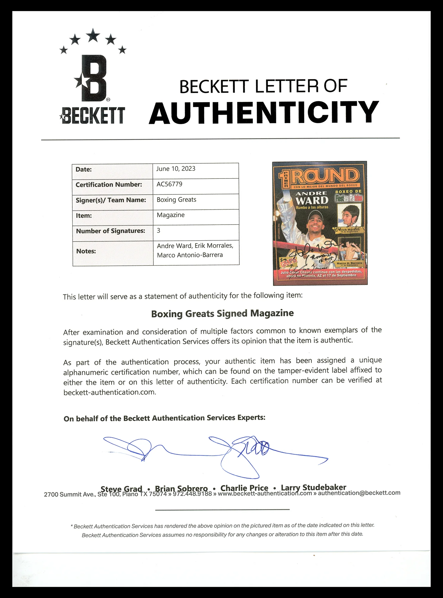 Andre Ward, Erik Morales & Marco Antonio Barrera Autographed Primer Round Magazine Beckett BAS #AC56779 - Image 3