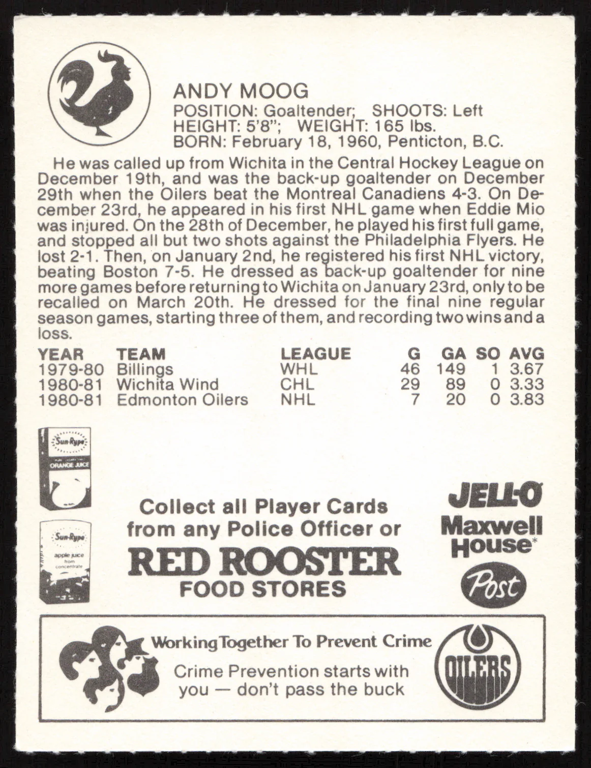Andy Moog Autographed 1981-82 Red Rooster Rookie Card Edmonton Oilers SKU #258335 - Image 2