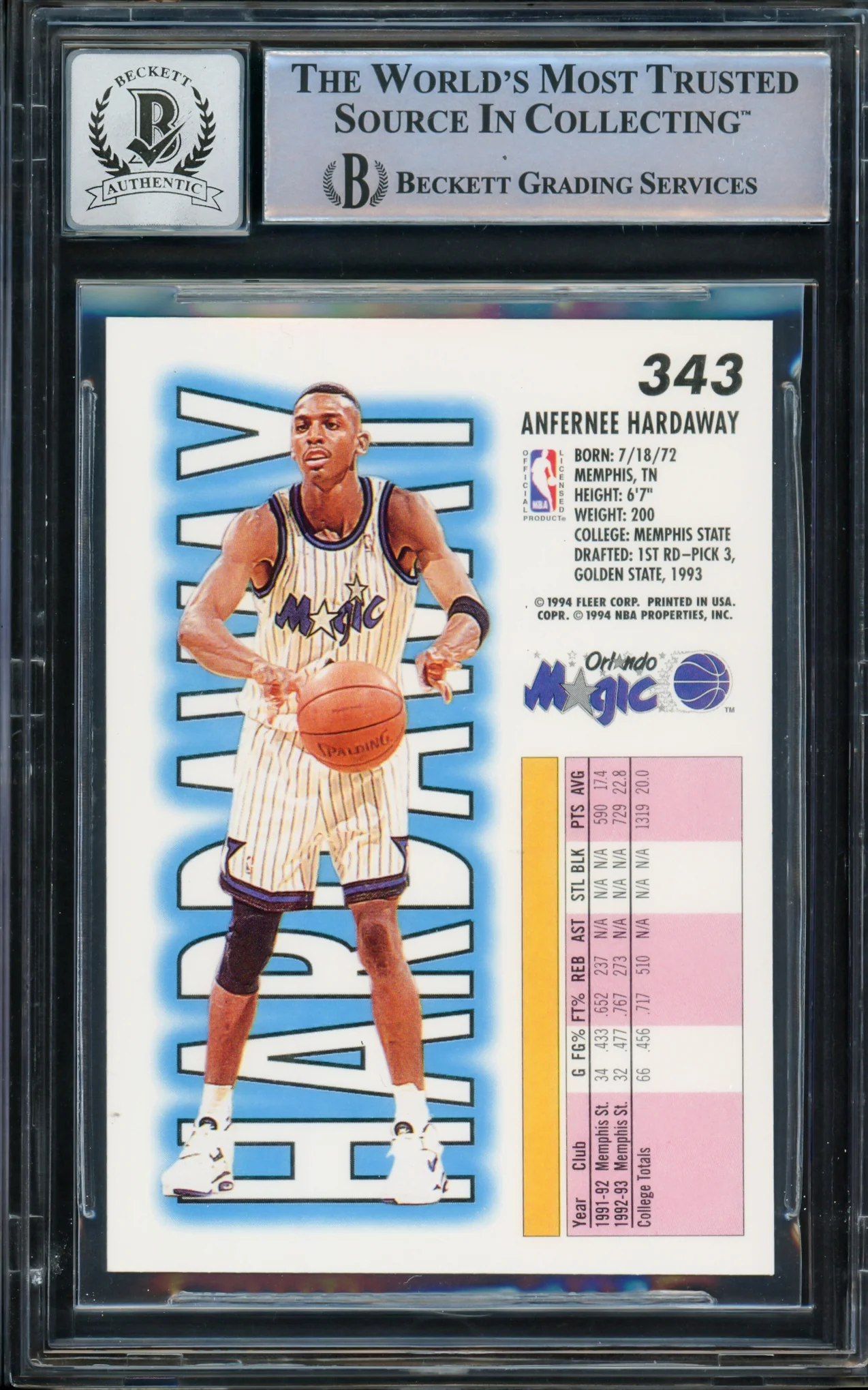 Anfernee Hardaway Autographed 1993-94 Fleer Rookie Card #343 Orlando Magic Auto Grade Gem Mint 10 Beckett BAS Stock #211046 - Image 2