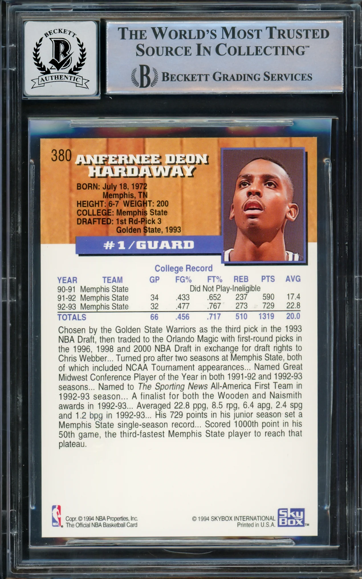 Anfernee Hardaway Autographed 1993-94 Hoops Gold Rookie Card #380 Orlando Magic Auto Grade Gem Mint 10 Beckett BAS #15093373 - Image 2