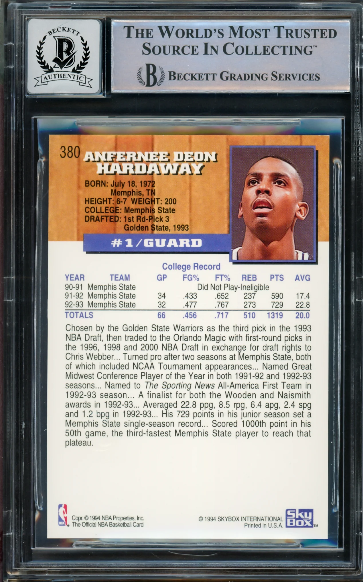 Anfernee Hardaway Autographed 1993-94 Hoops Gold Rookie Card #380 Orlando Magic Auto Grade Gem Mint 10 Beckett BAS #15093375 - Image 2