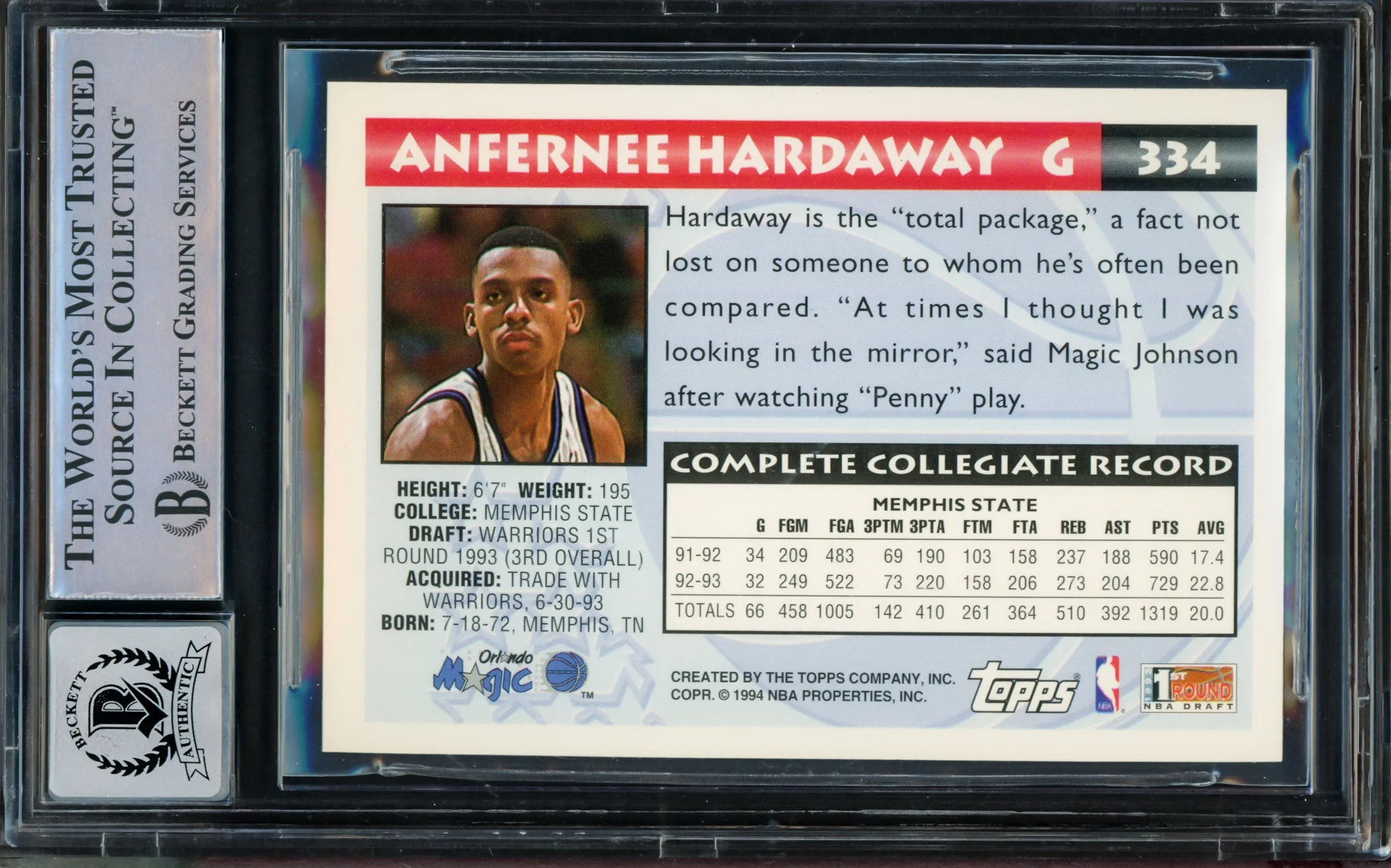 Anfernee Hardaway Autographed 1993-94 Topps Rookie Card #334 Orlando Magic Auto Grade Gem Mint 10 Beckett BAS Stock #211051 - Image 2