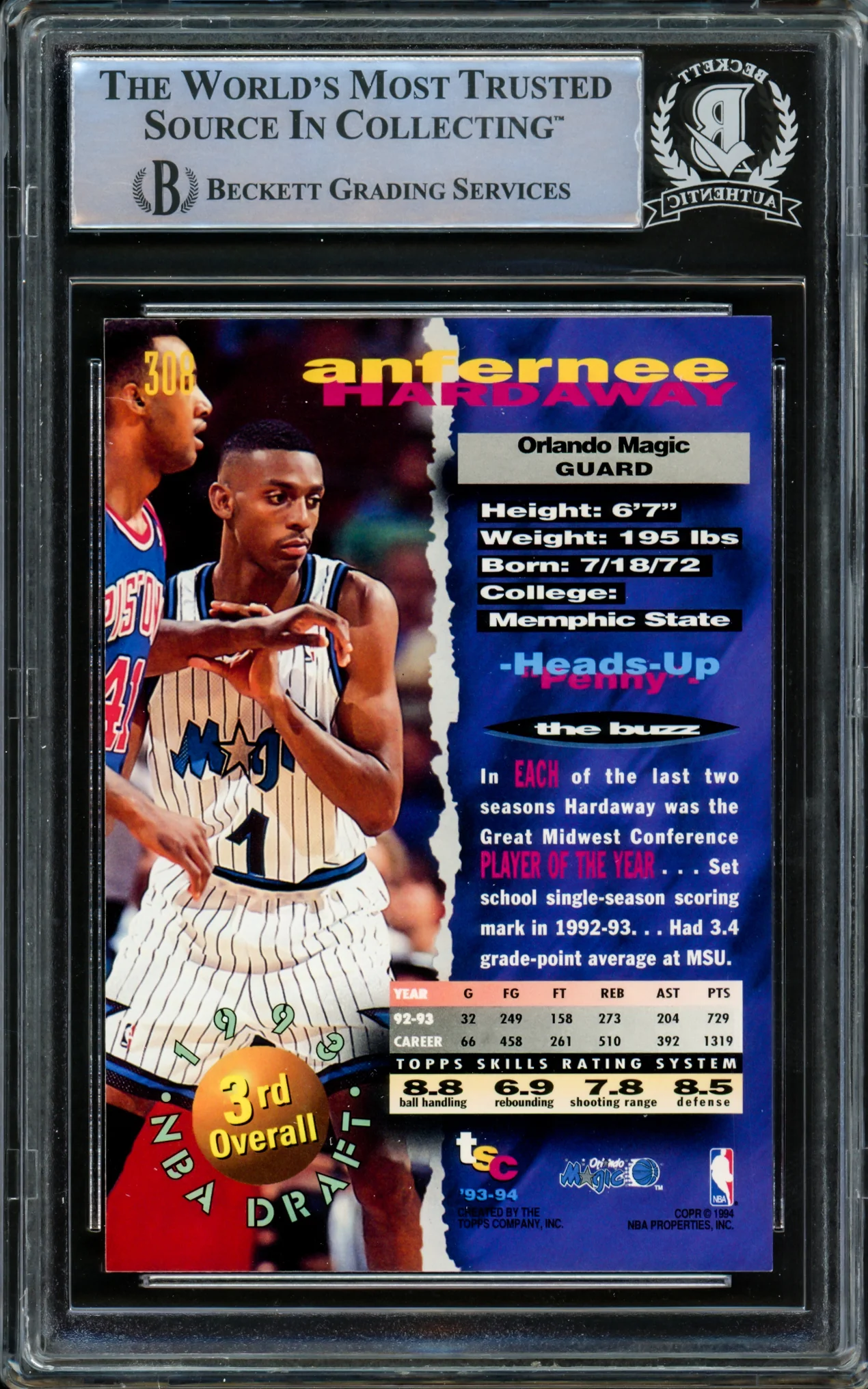 Anfernee Penny Hardaway Autographed 1993-94 Stadium Club Rookie Card #308 Orlando Magic Beckett BAS #15091591 - Image 2