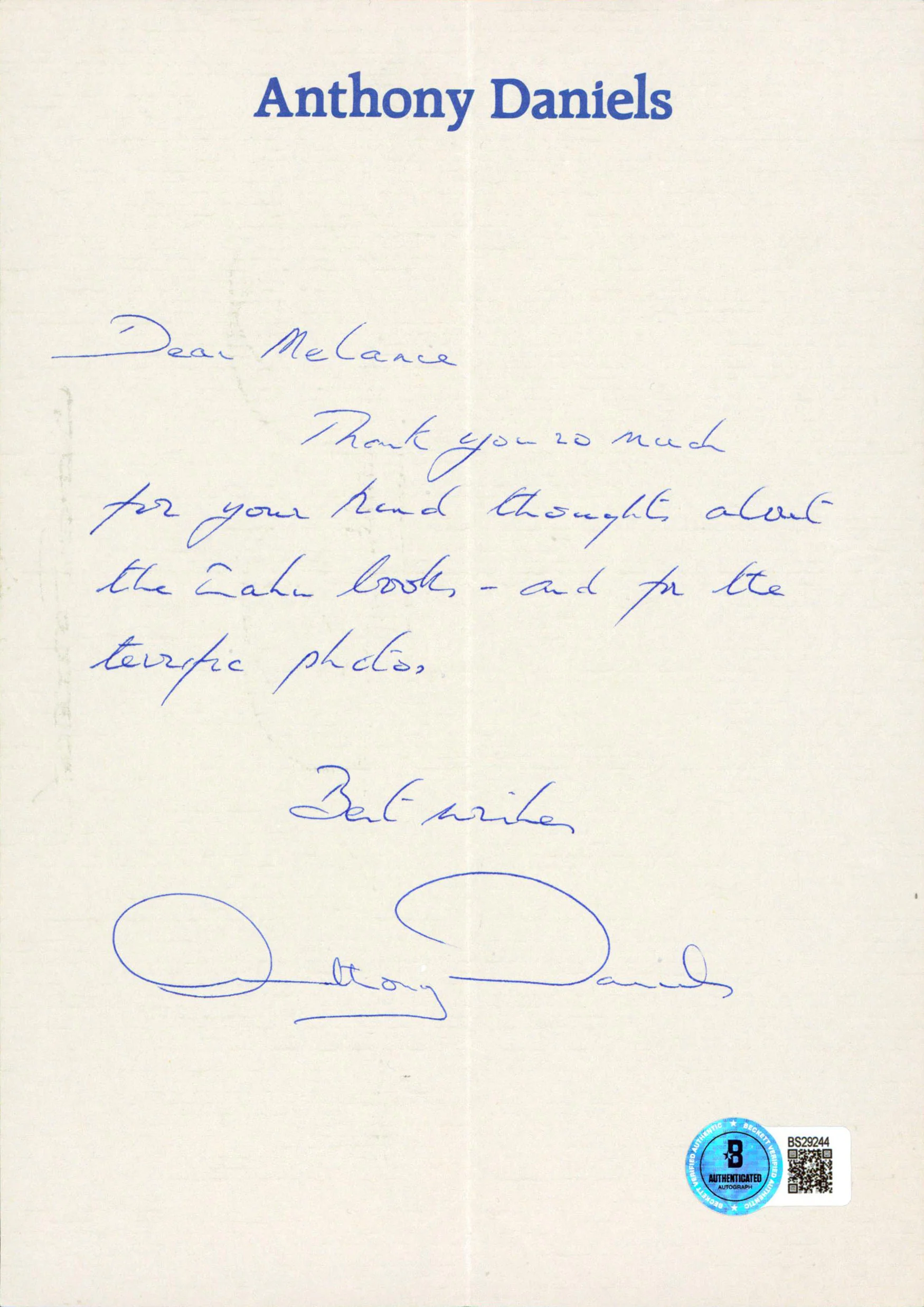 Anthony Daniels Star Wars "Best Wishes" Signed 8.25x5.75 Letter BAS #BS29244 - Image 2