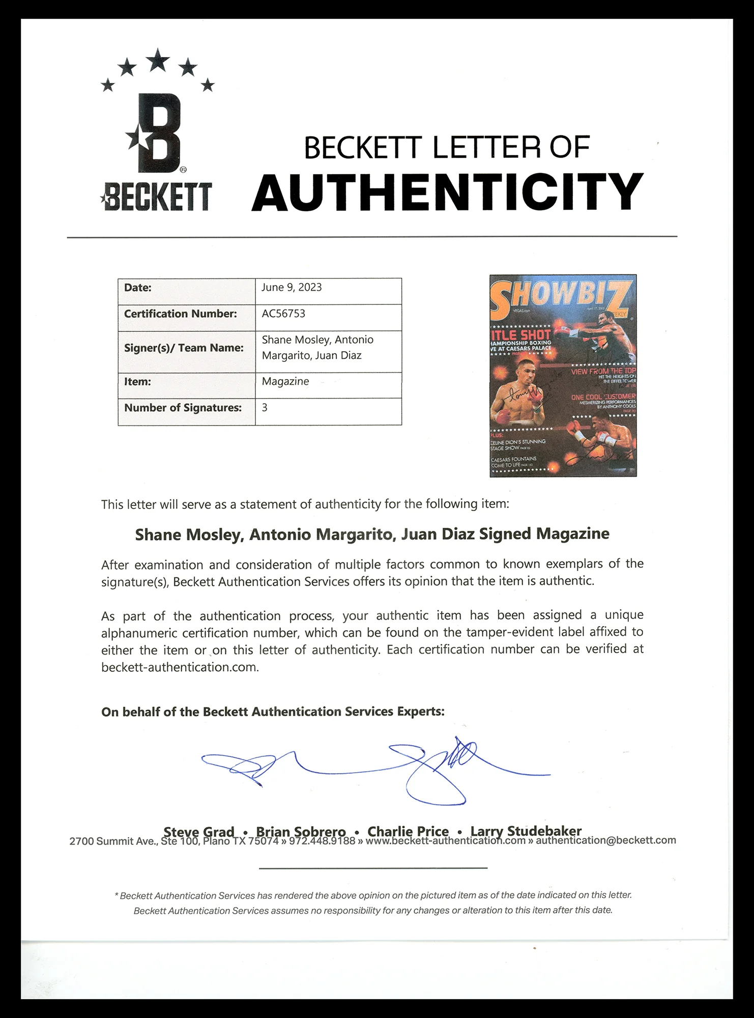Antonio Margarito, "Sugar" Shane Mosley & Juan Diaz Autographed Showbiz Magazine Beckett BAS #AC56753 - Image 3