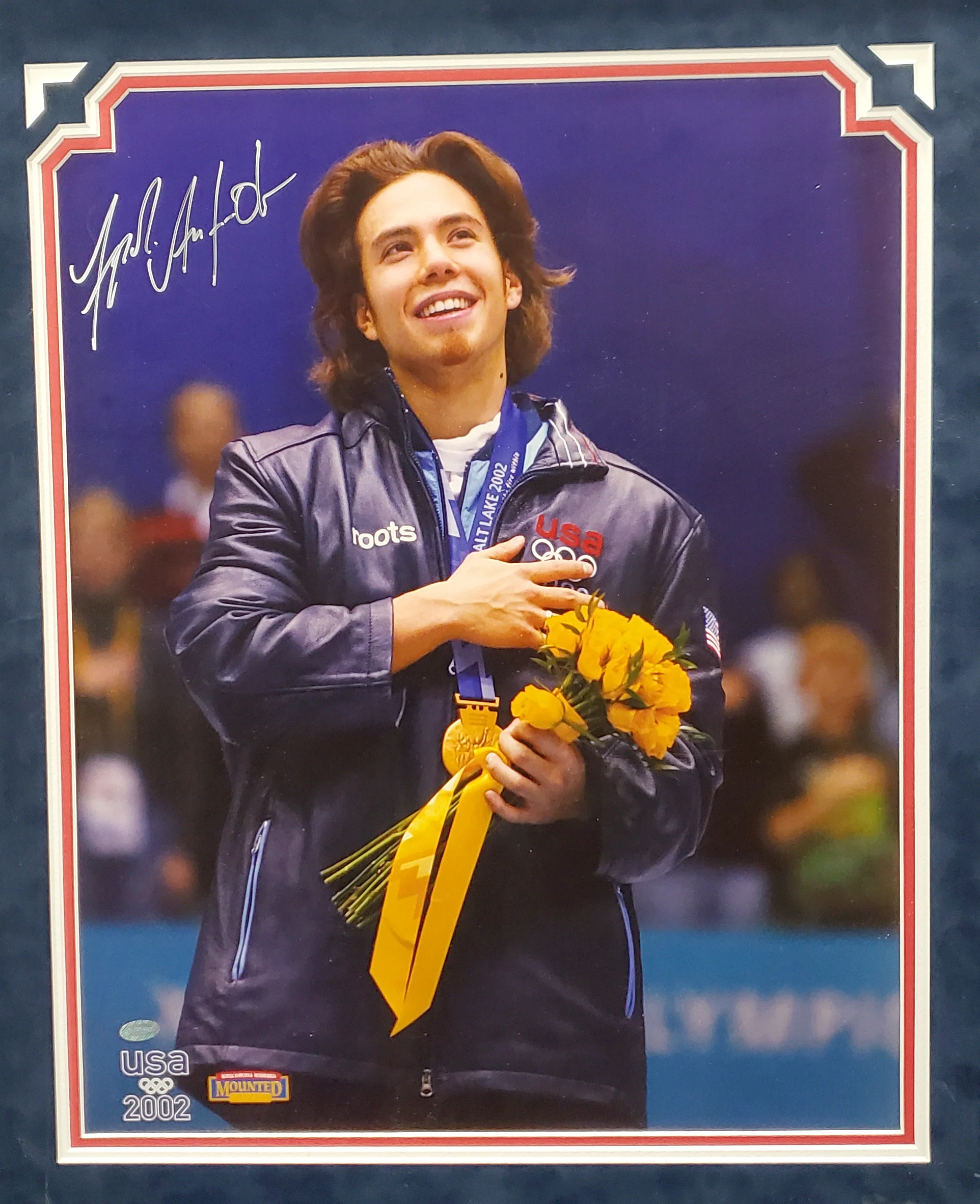 Apolo Anton Ohno Autographed Framed 16x20 Photo Team USA Winter Olympics Speed Skating Mounted Memories Holo SKU #189439 - Image 2