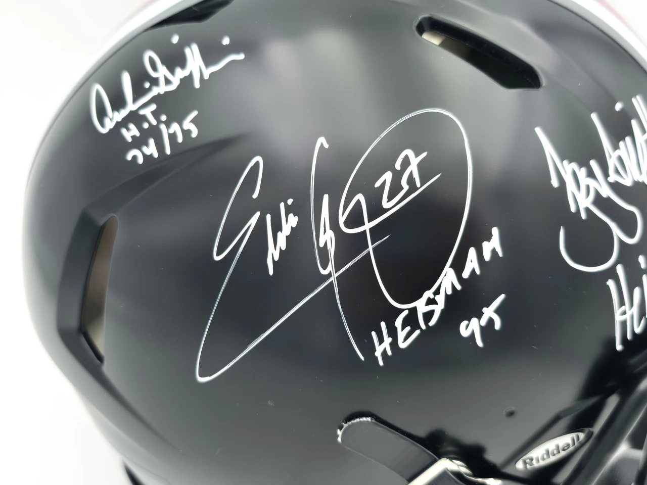 Archie Griffin, Eddie George & Troy Smith Autographed Ohio State Buckeyes 2015 Alternate Black Full Size Speed Authentic Helmet "Heisman" Beckett BAS Witness Stock #261829 - Image 2