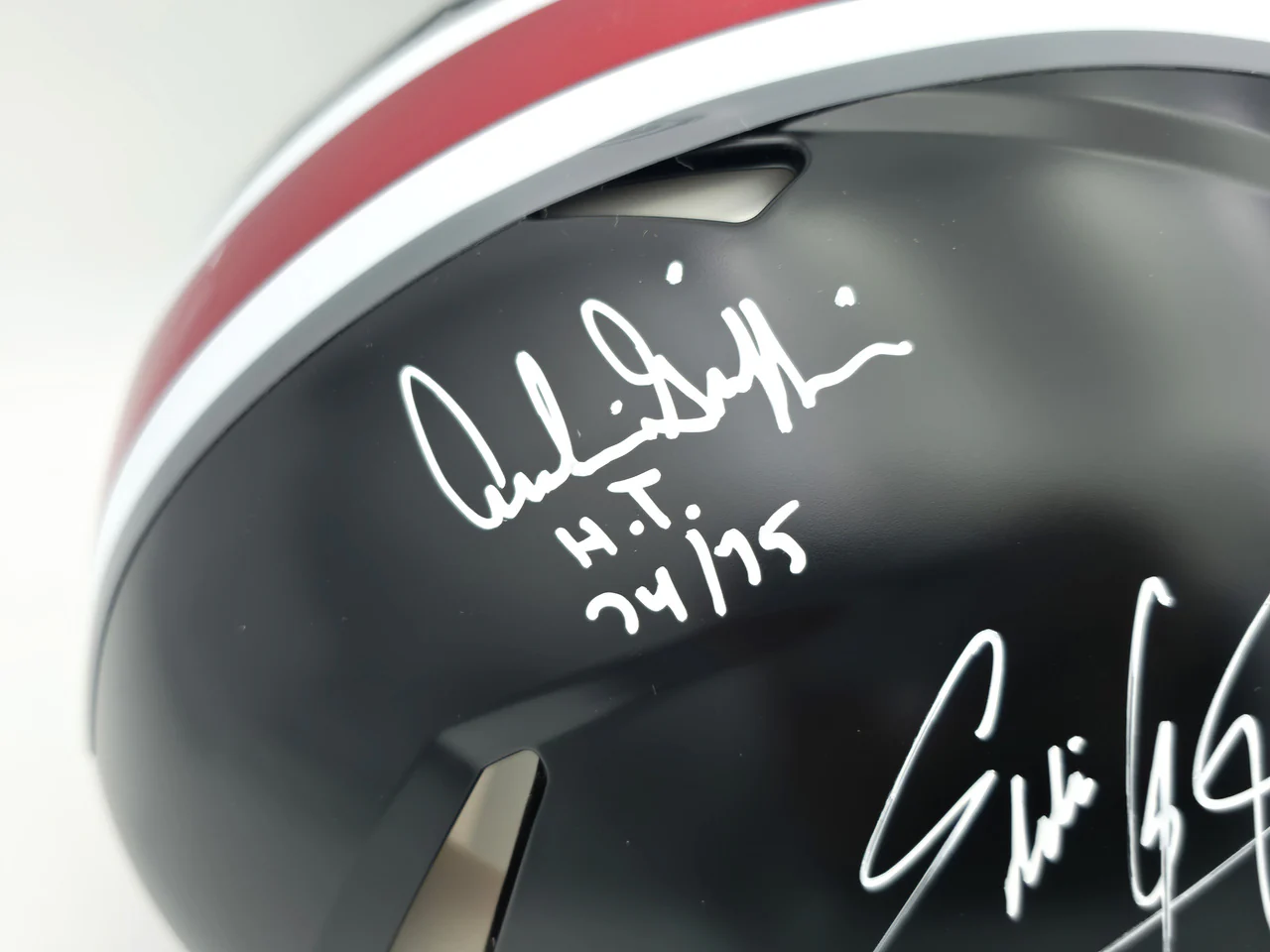 Archie Griffin, Eddie George & Troy Smith Autographed Ohio State Buckeyes 2015 Alternate Black Full Size Speed Authentic Helmet "Heisman" Beckett BAS Witness Stock #261829 - Image 3