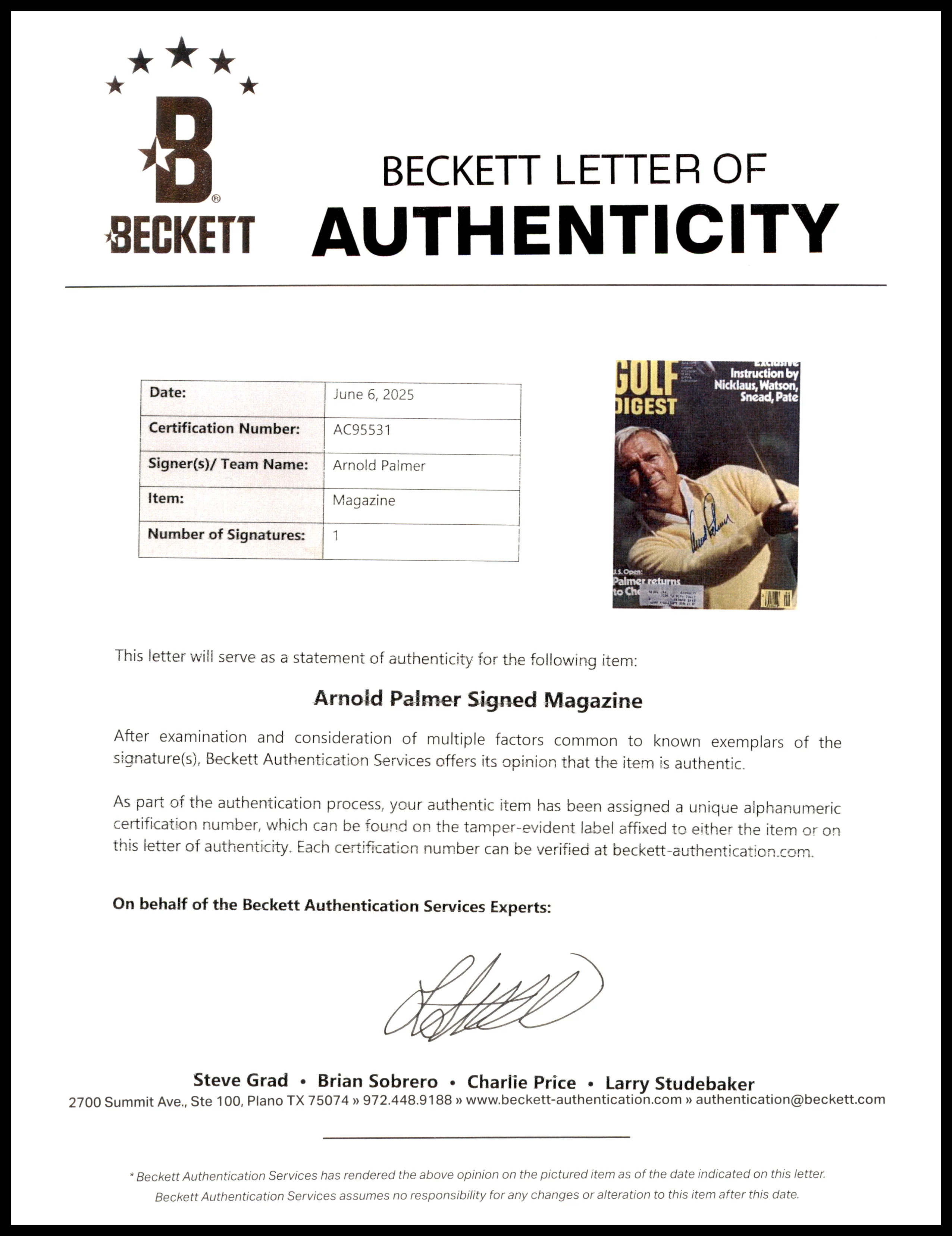 Arnold Palmer Autographed Golf Digest Magazine Beckett BAS #AC95531 - Image 3
