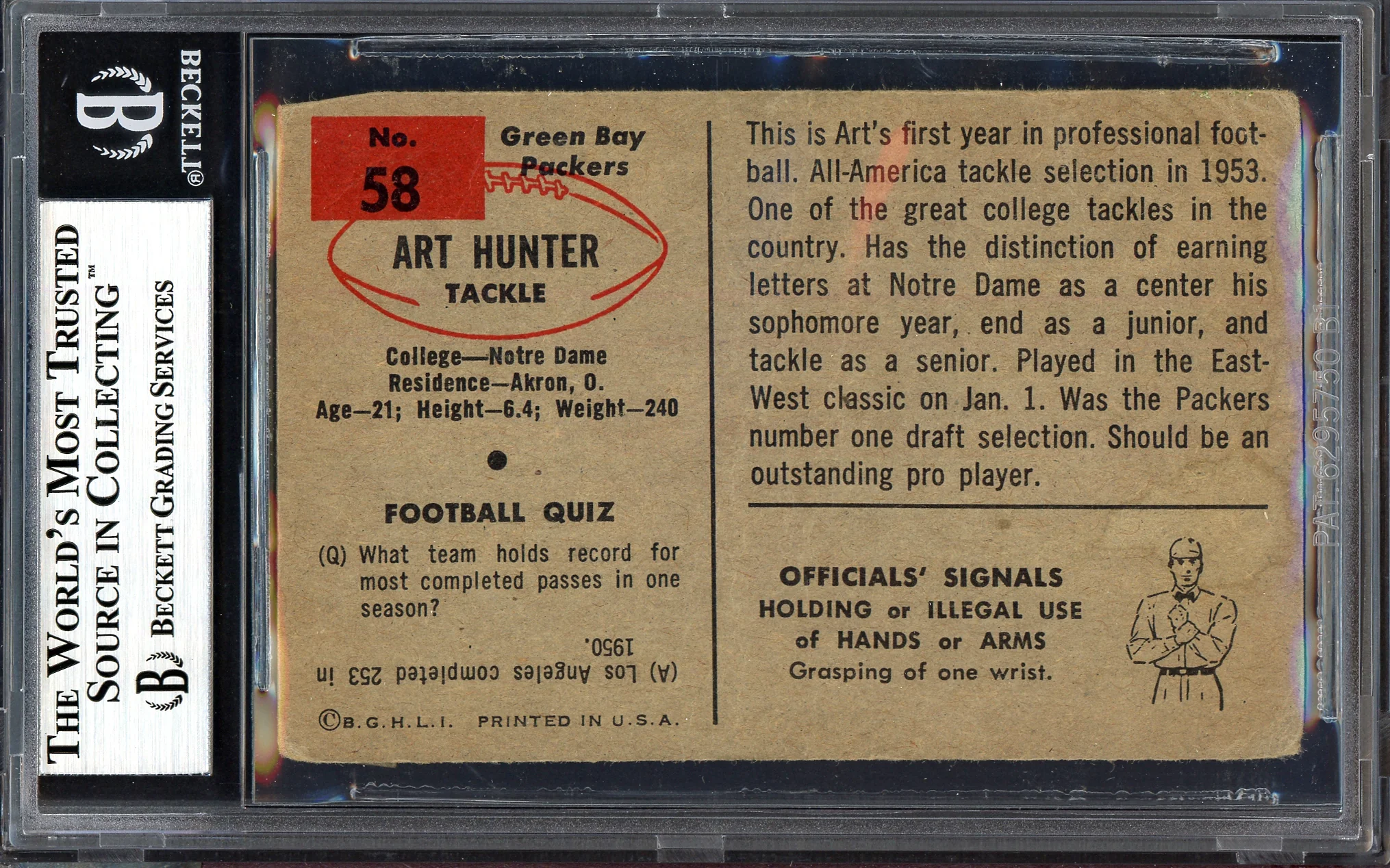 Art Hunter Autographed 1954 Bowman Rookie Card #58 Green Bay Packers (Off-Condition) Beckett BAS #13609929 - Image 2