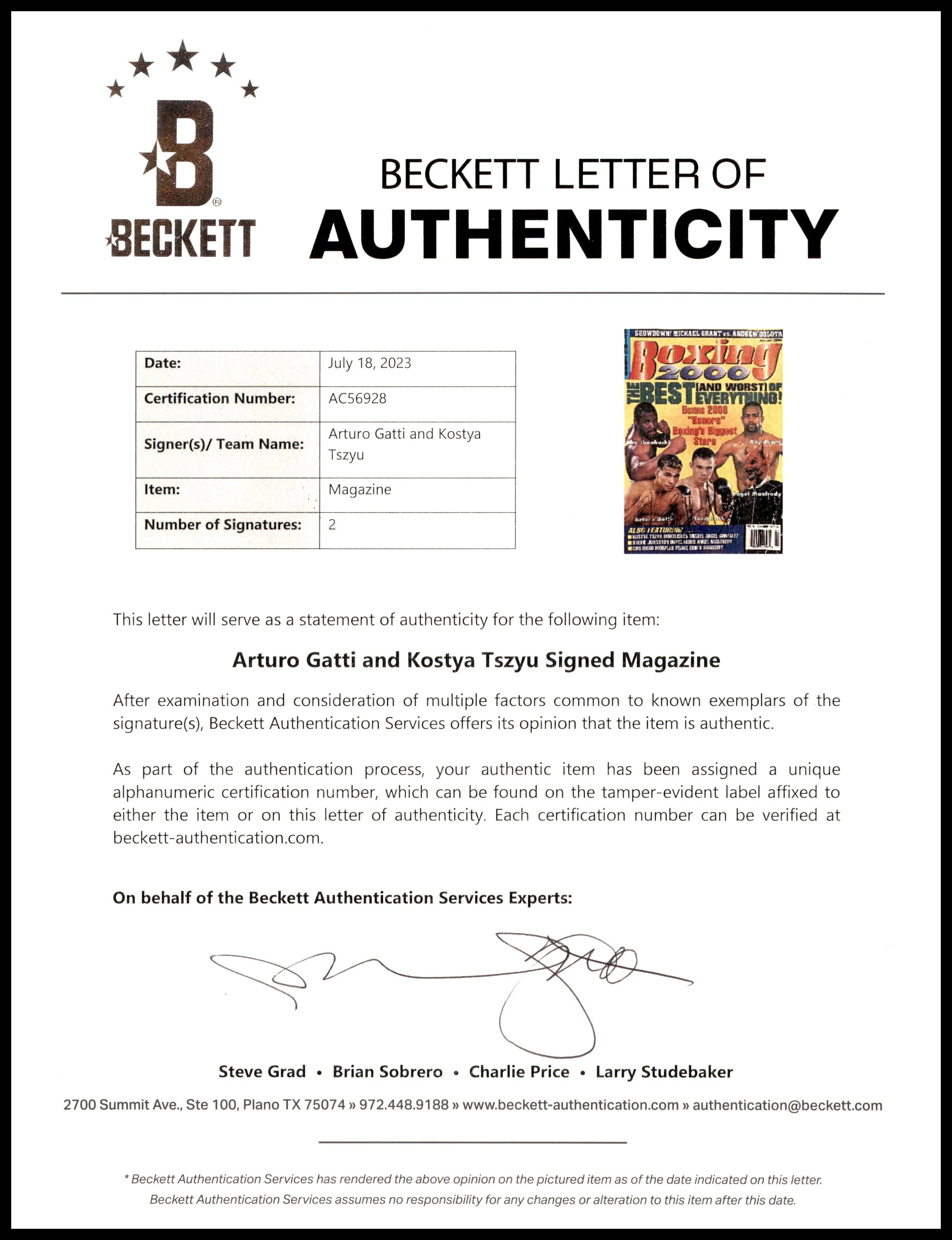 Arturo Gatti & Kostya Tszyu Autographed Boxing 2000 Magazine Beckett BAS #AC56928 - Image 3