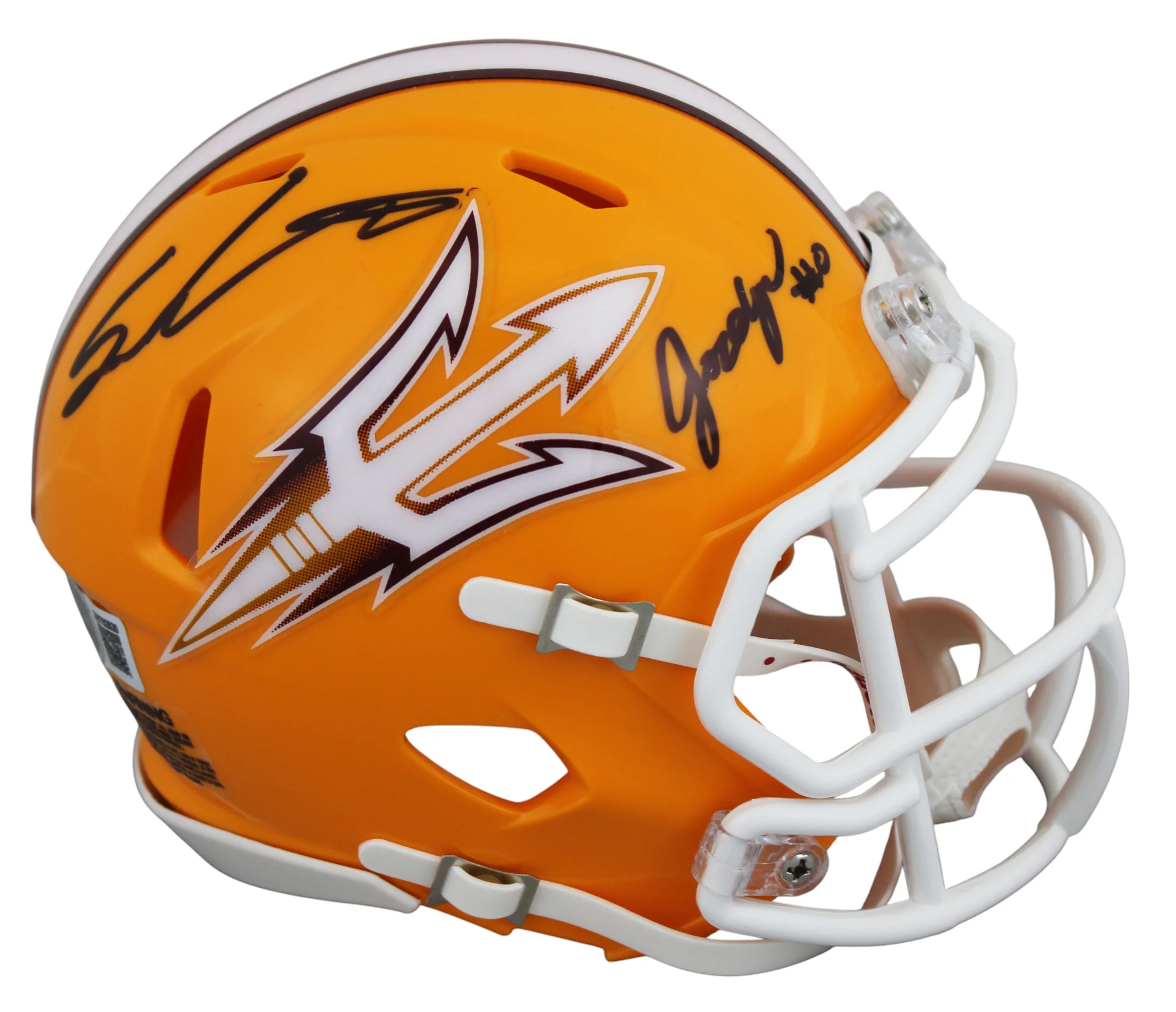 ASU Sam Leavitt & Jordyn Tyson Signed Gold Speed Mini Helmet BAS Witnessed - Image 2