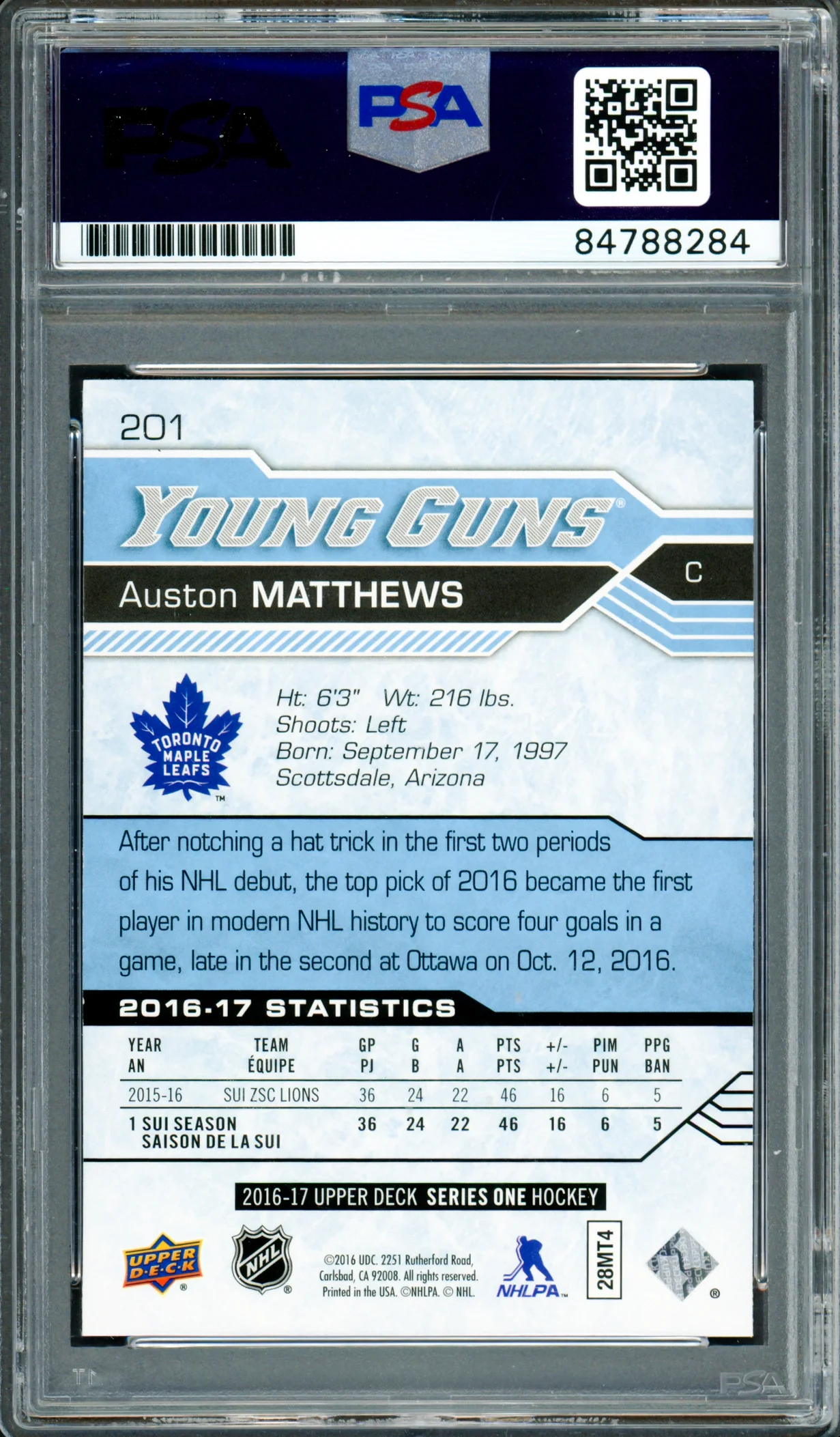 Auston Matthews Autographed 2016 Upper Deck UD Young Guns Rookie Card #201 Toronto Maple Leafs Auto Grade Gem Mint 10 "2017 Calder" PSA/DNA #84788284 - Image 2