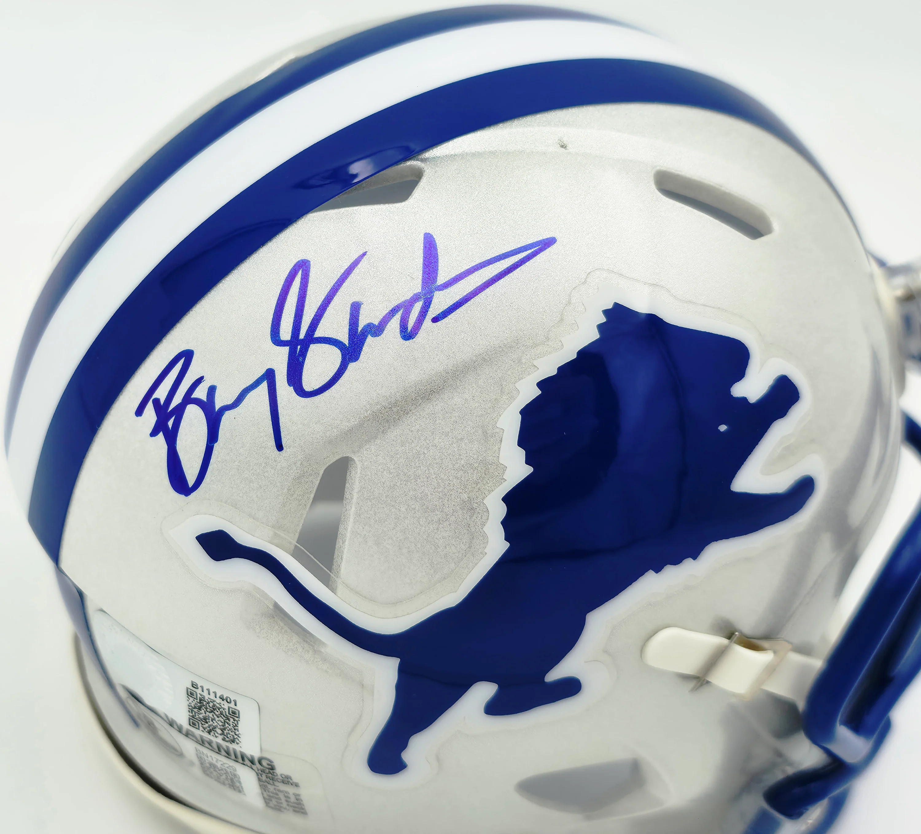 Barry Sanders Autographed Detroit Lions 1983-02 Silver Throwback Speed Mini Helmet Beckett BAS QR Stock #260182 - Image 2