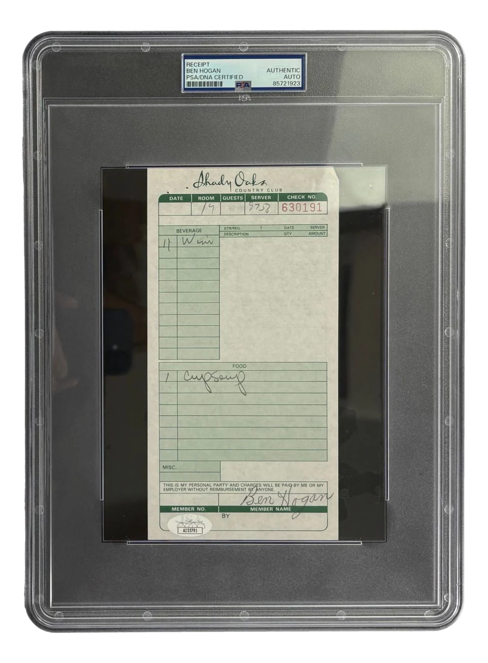 Ben Hogan Signed Shady Oaks Country Club Restaurant Check PSA/DNA