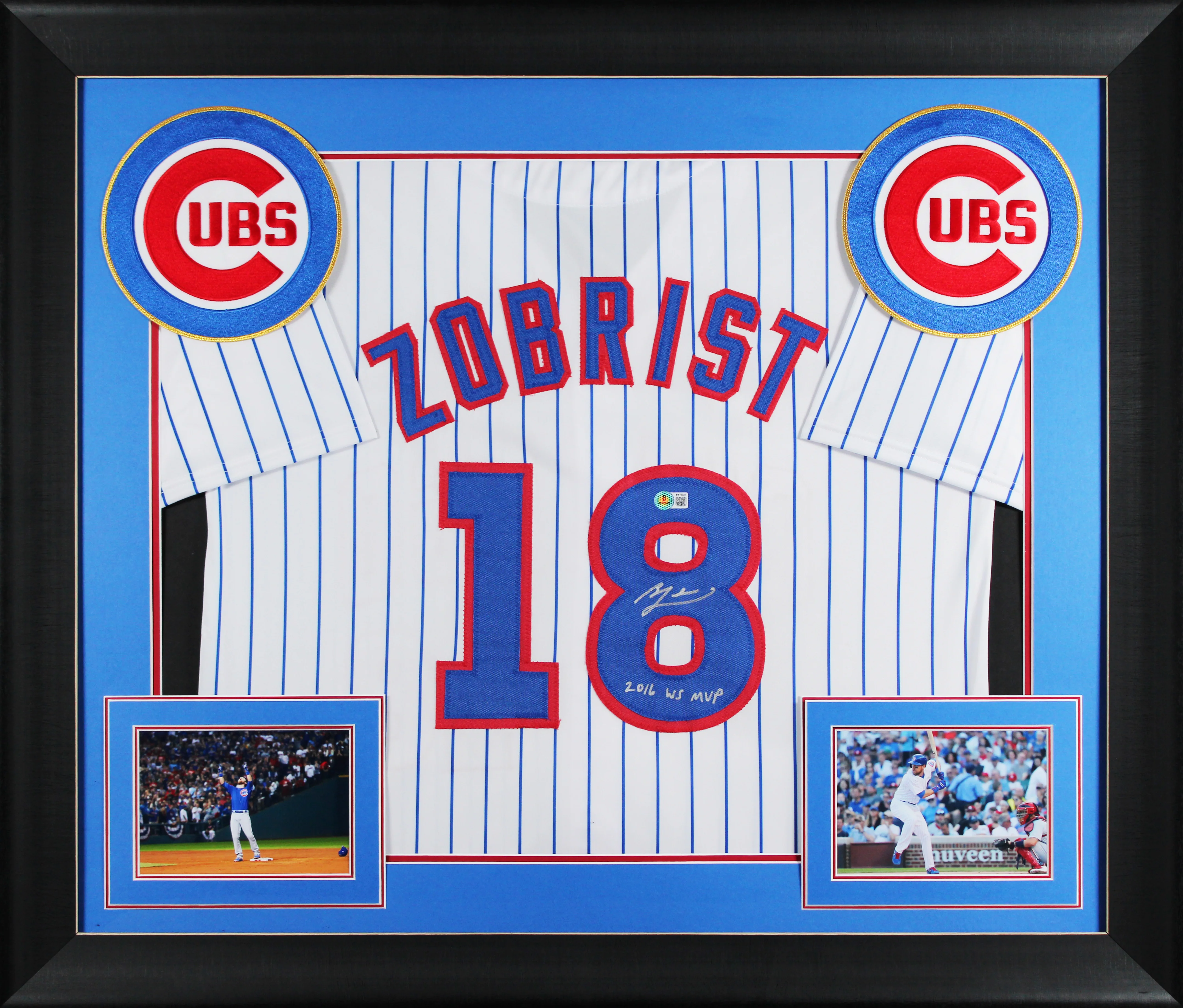 Ben Zobrist "16 WS MVP" Signed White Pinstripe Pro Style Framed Jersey BAS - Image 2