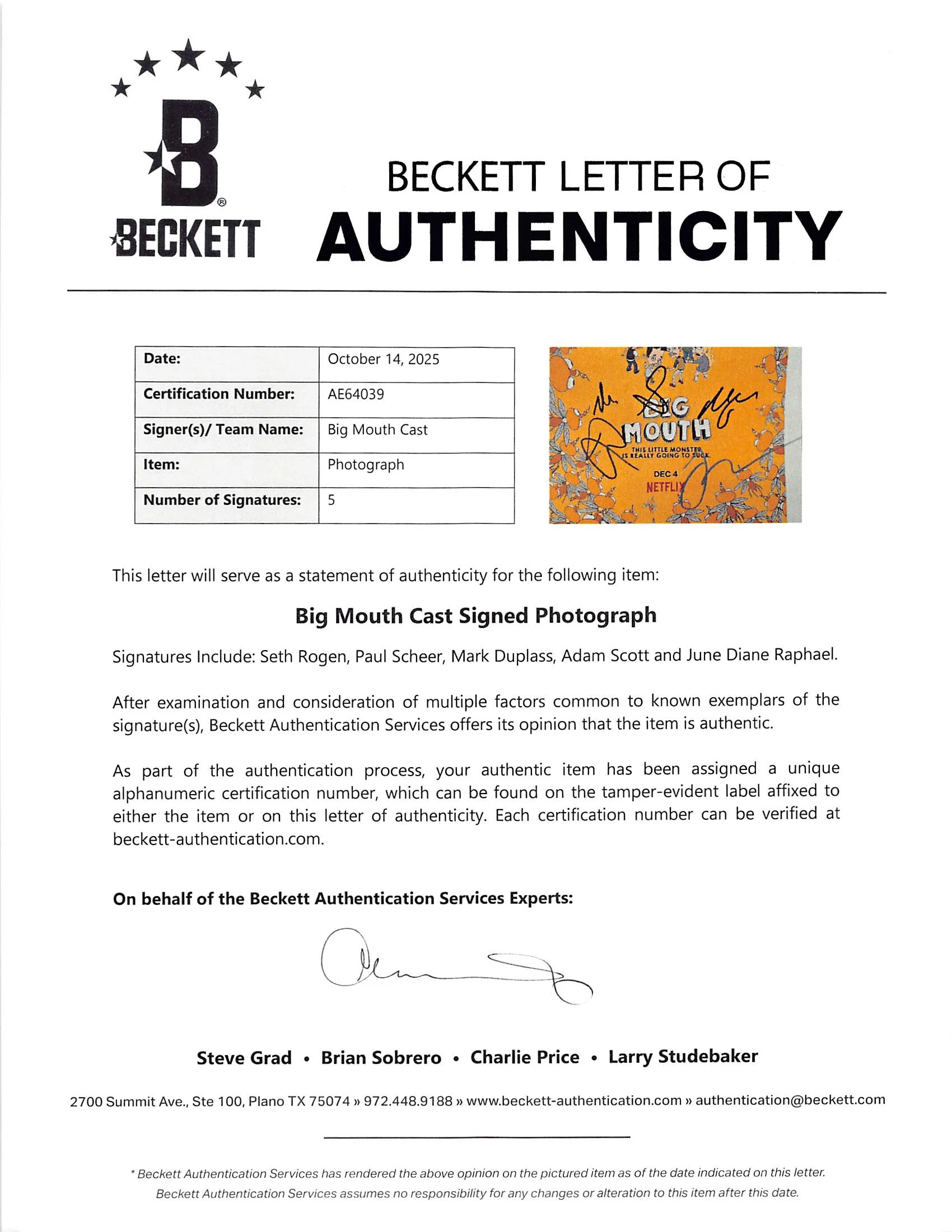 Big Mouth (5) Rogan, Scheer, Duplass, Scott & Raphael Signed 11x14 Photo BAS 1 - Image 3