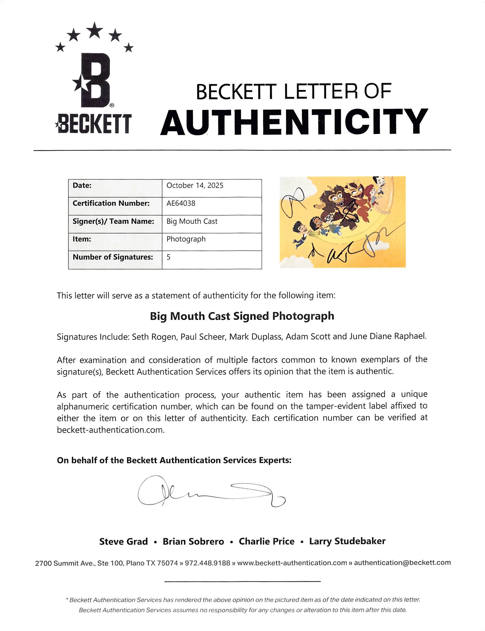 Big Mouth (5) Rogan, Scheer, Duplass, Scott & Raphael Signed 11x14 Photo BAS 4 - Image 3