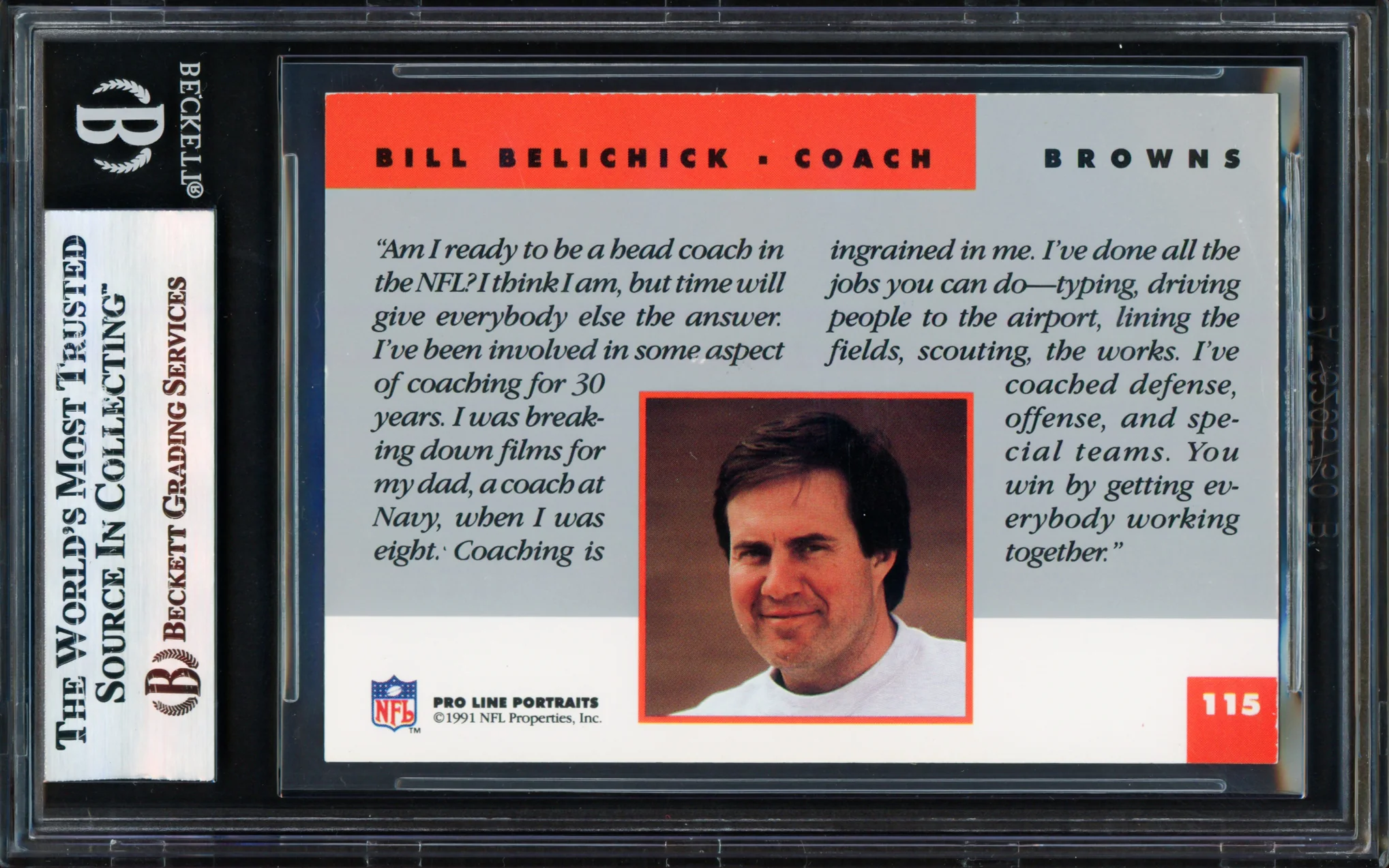 Bill Belichick Autographed 1991 Pro Line Rookie Card #115 Cleveland Browns "To Dave" Beckett BAS #17856363 - Image 2