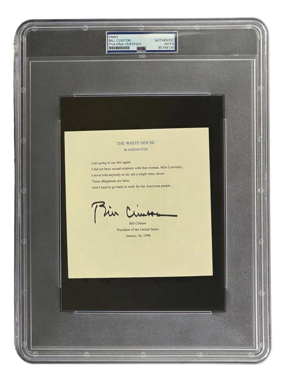 Bill Clinton Signed 5x6 Mock White House Statement Letter Monica Lewinsky PSA
