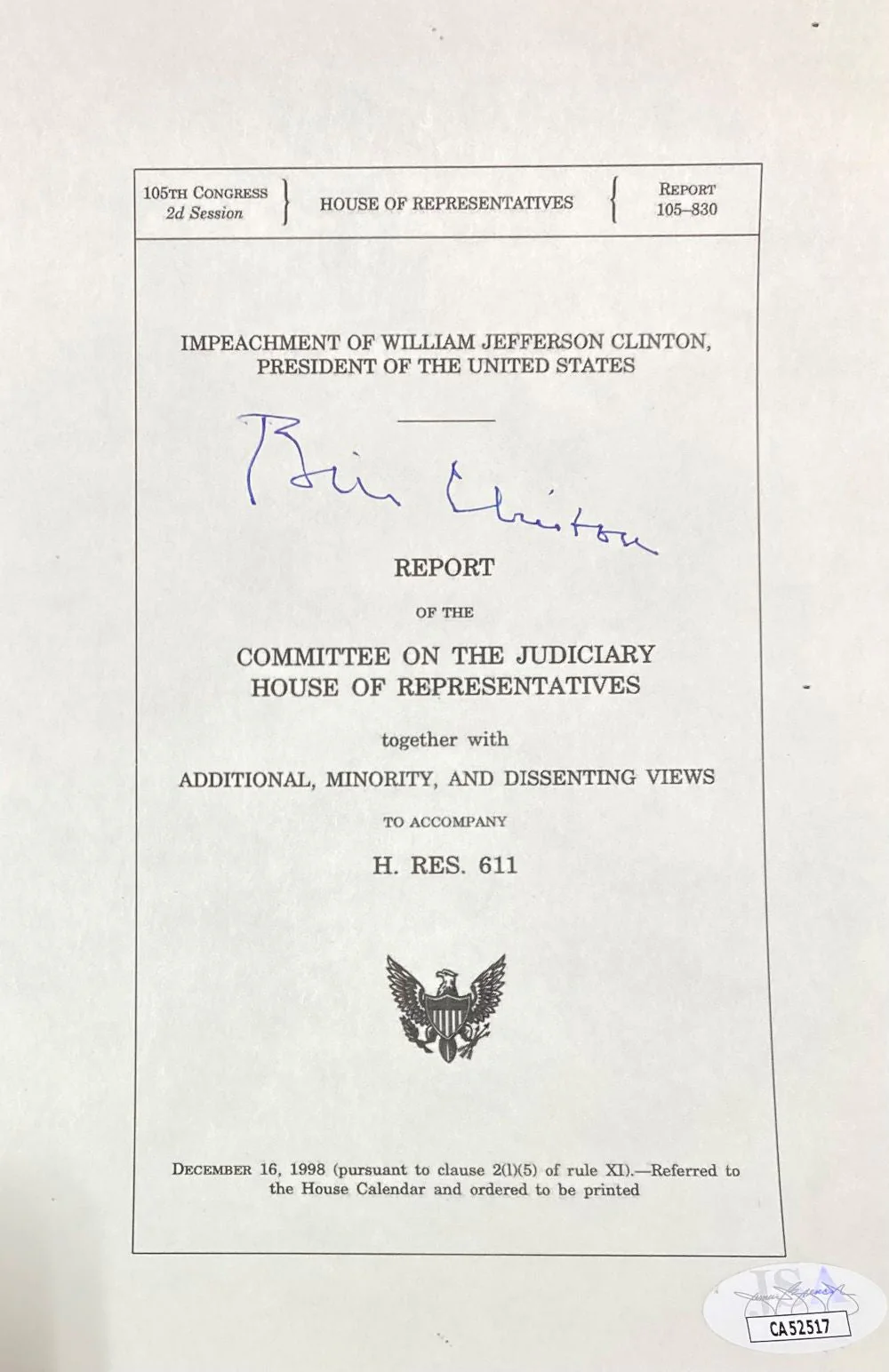 Bill Clinton Signed In Blue 5x8 Impeachment Letter JSA