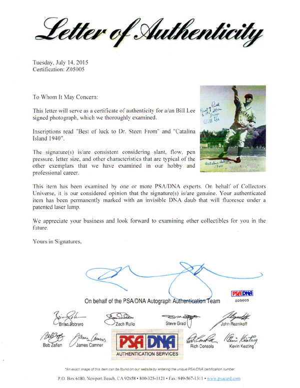 Bill Lee Autographed 8x10 Photo Chicago Cubs "To Dr. Steen Best Of Luck" PSA/DNA #Z05005 - Image 2