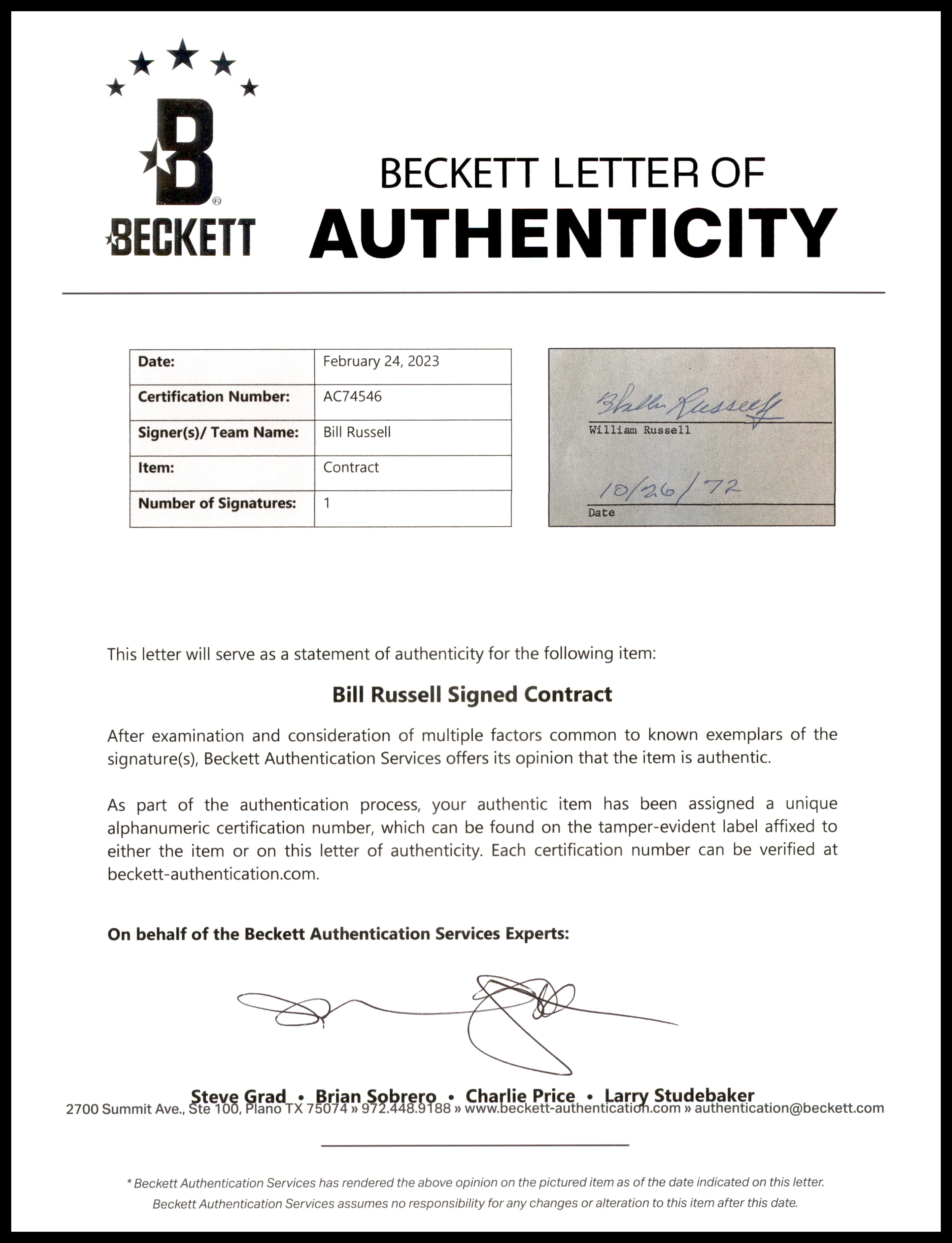 Bill Russell Autographed 1972 Advertising Document Contract Boston Celtics Beckett BAS #AC74546 - Image 4