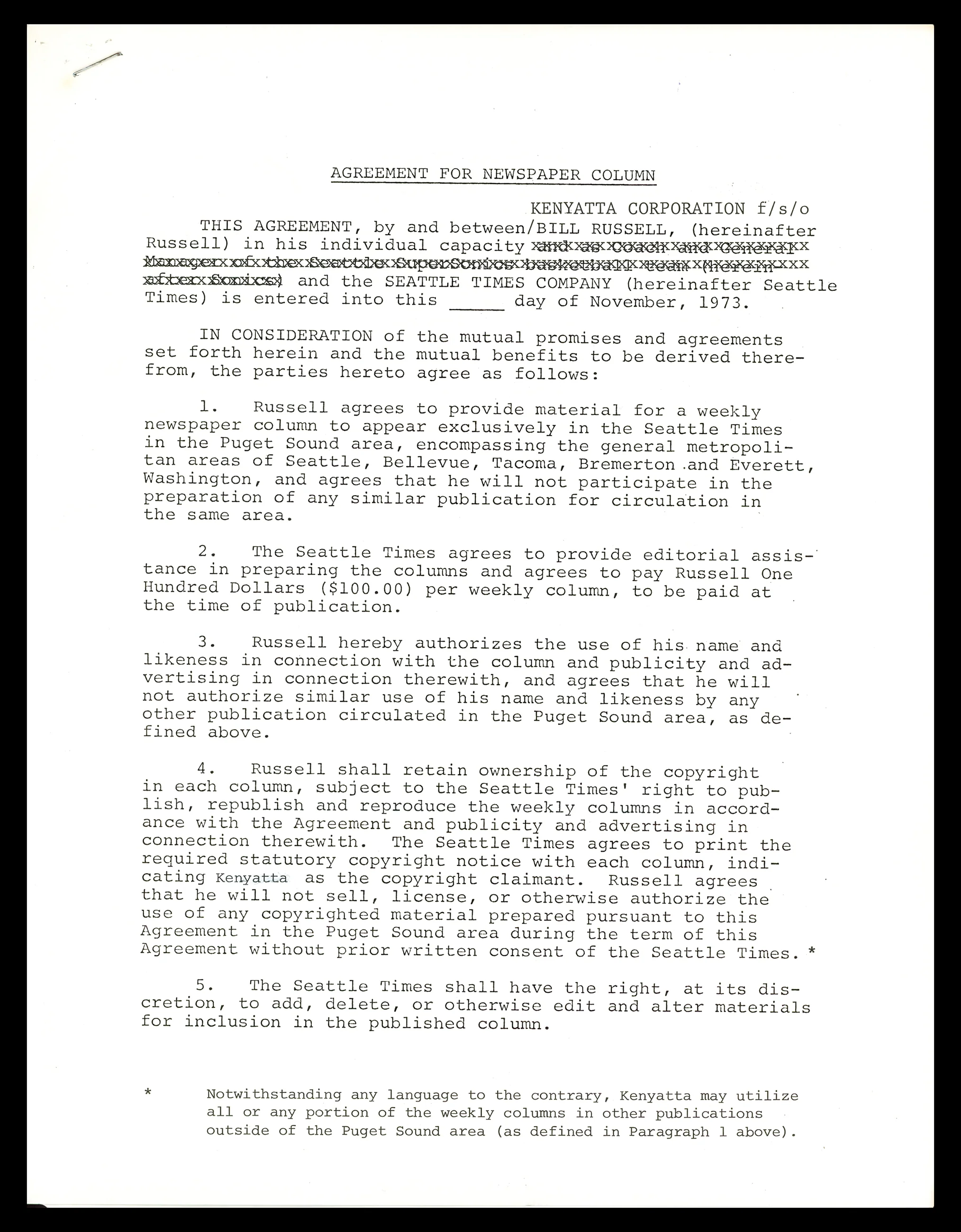 Bill Russell Autographed 1973-74 Newspaper Contract Boston Celtics Beckett BAS #AC74545 - Image 2