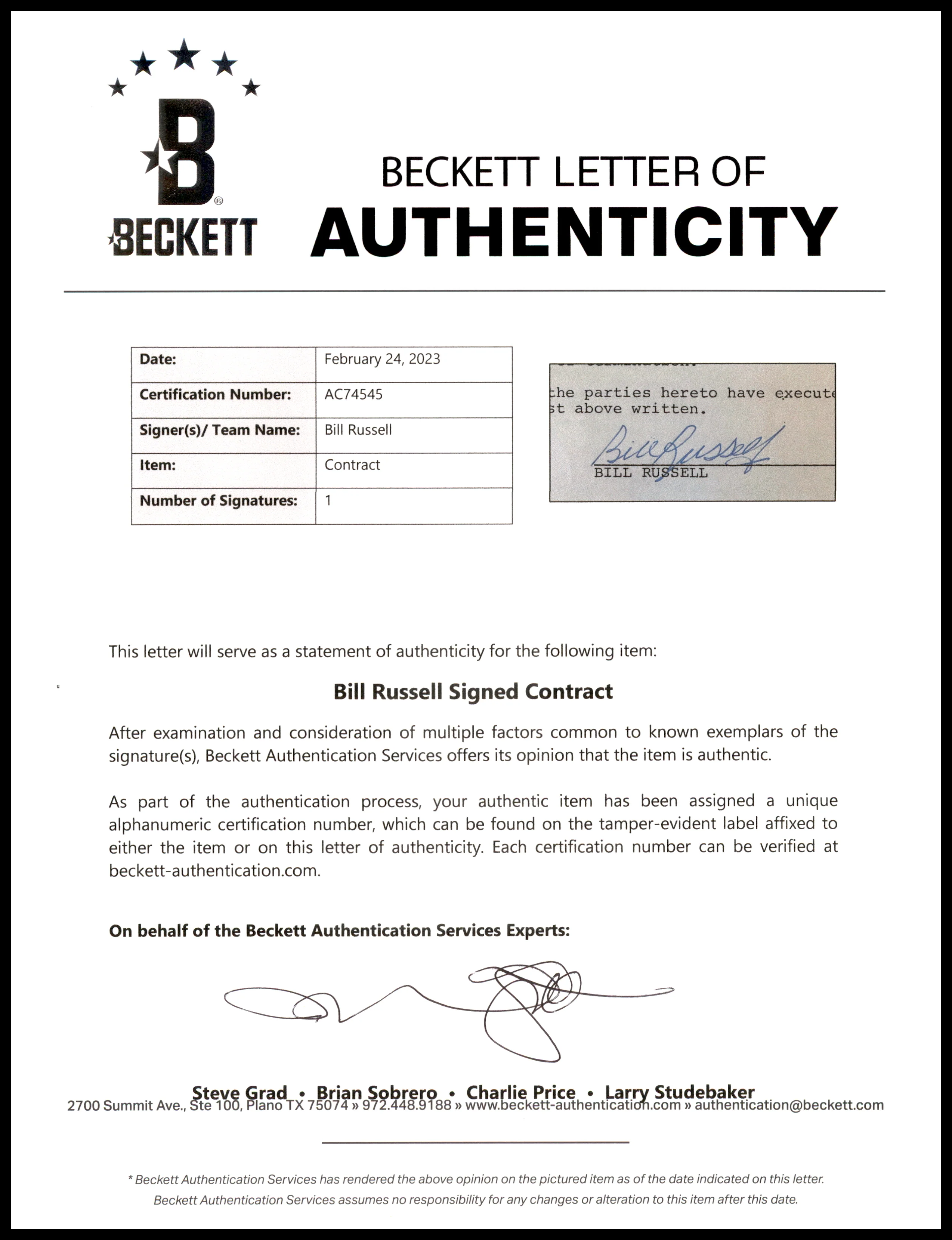 Bill Russell Autographed 1973-74 Newspaper Contract Boston Celtics Beckett BAS #AC74545 - Image 4