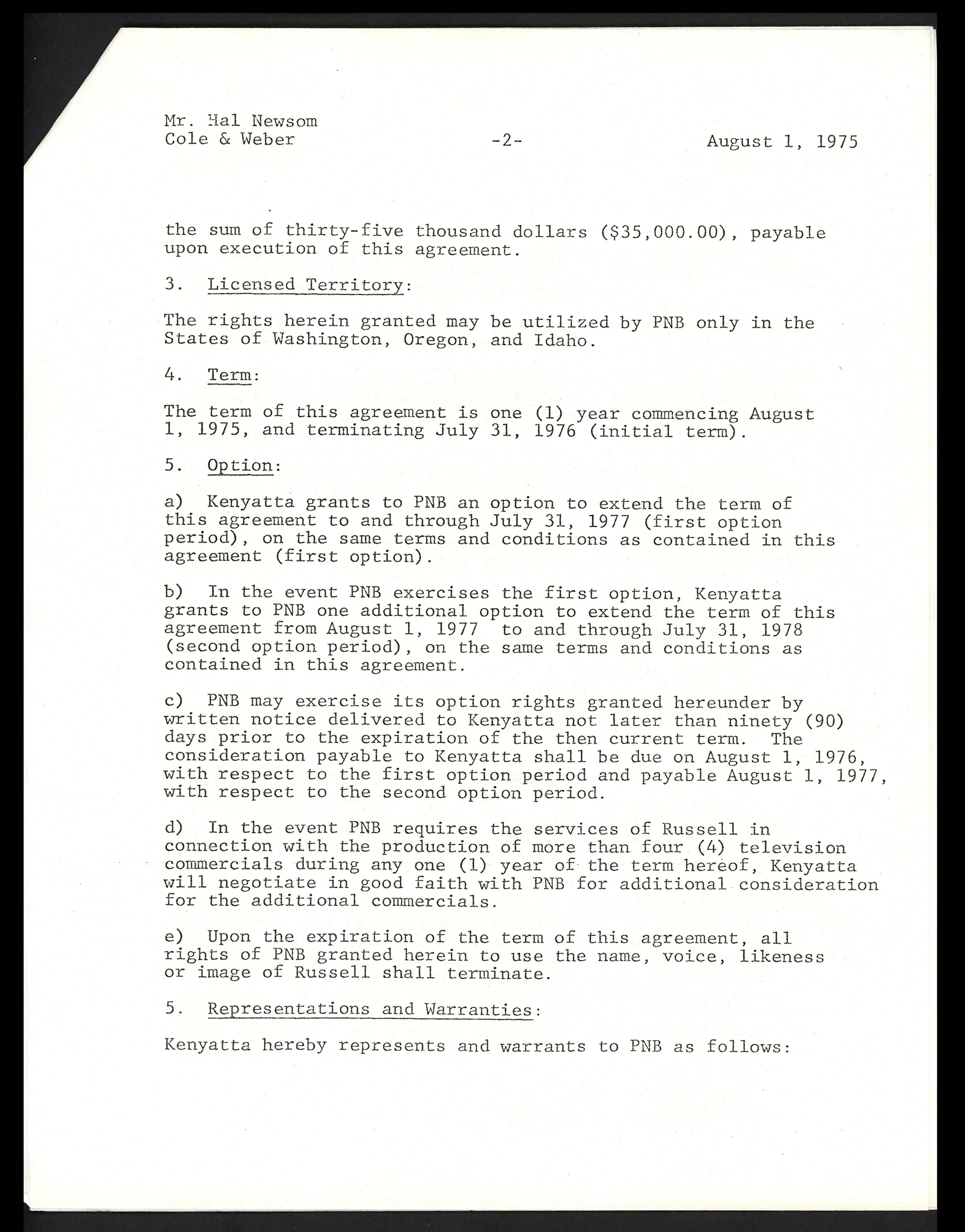 Bill Russell Autographed 1975 TV Contract Boston Celtics Beckett BAS #AC74544 - Image 3