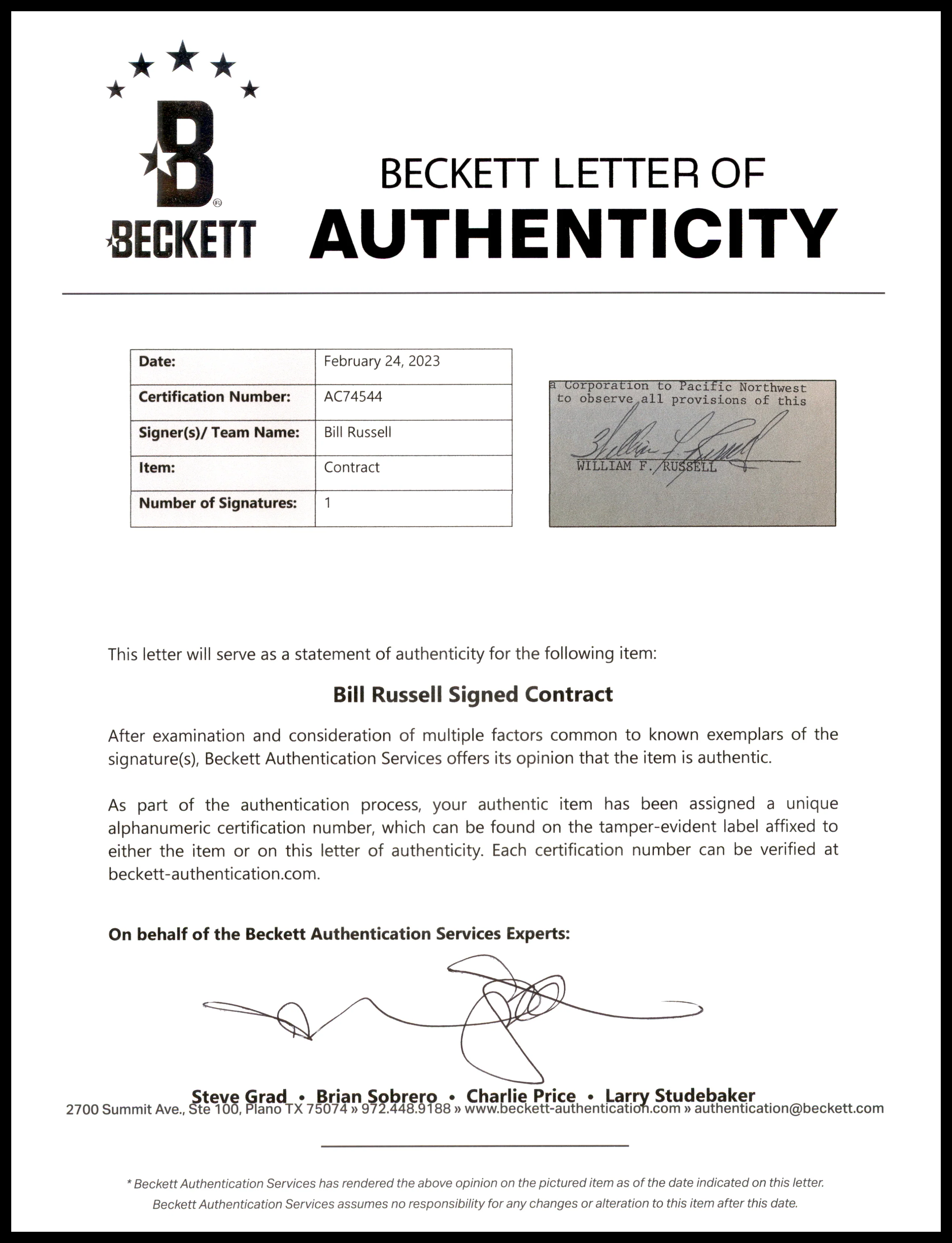 Bill Russell Autographed 1975 TV Contract Boston Celtics Beckett BAS #AC74544 - Image 5