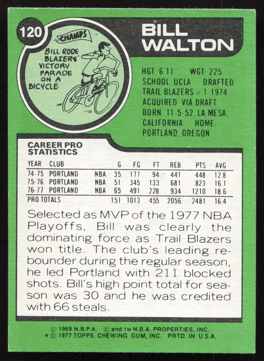 Bill Walton Autographed 1977-78 Topps Card #120 Portland Trail Blazers (Smudged) SKU #258887 - Image 2
