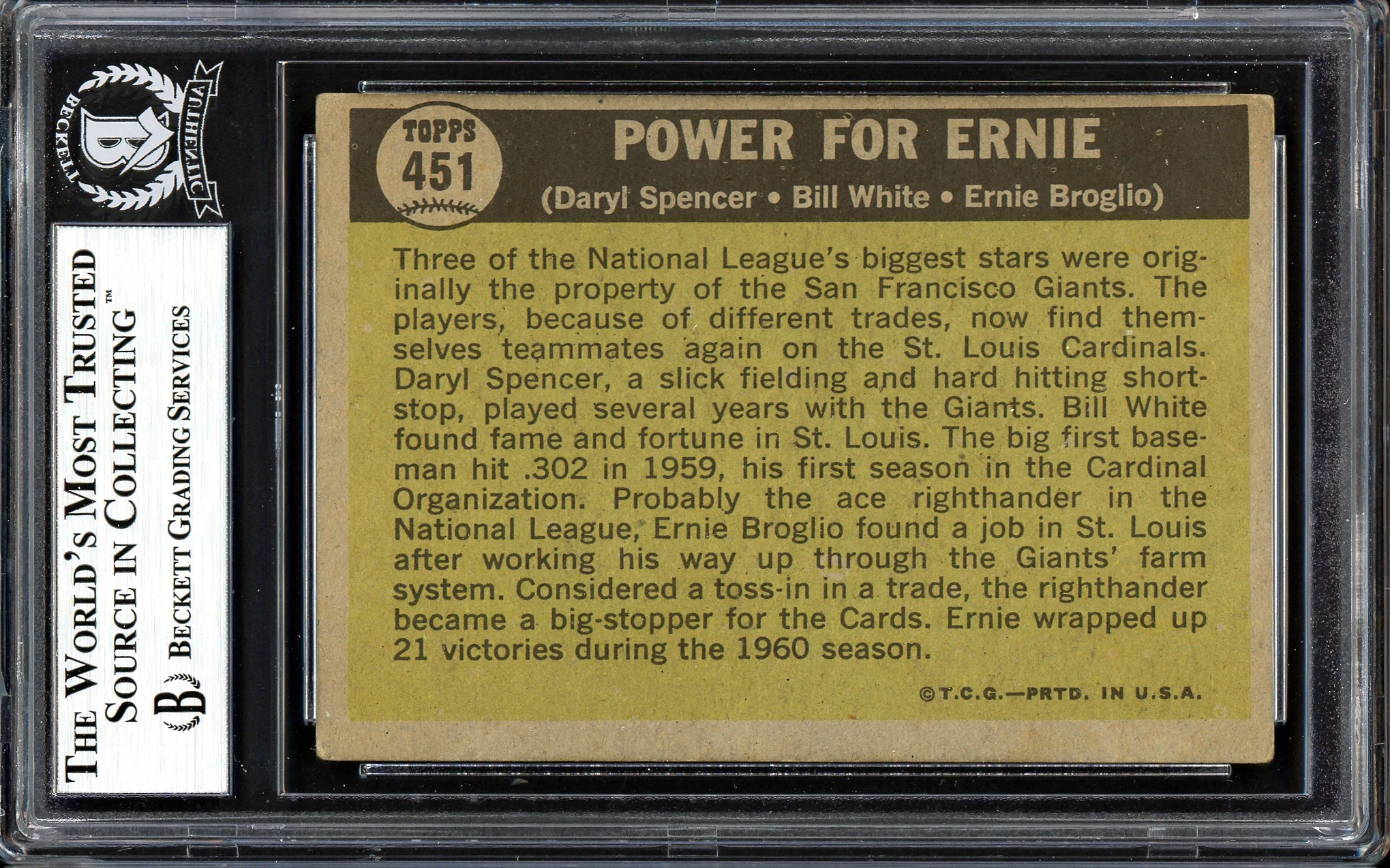 Bill White, Daryl Spencer & Ernie Broglio Autographed 1961 Topps Card #451 St. Louis Cardinals Beckett BAS #13608805 - Image 2