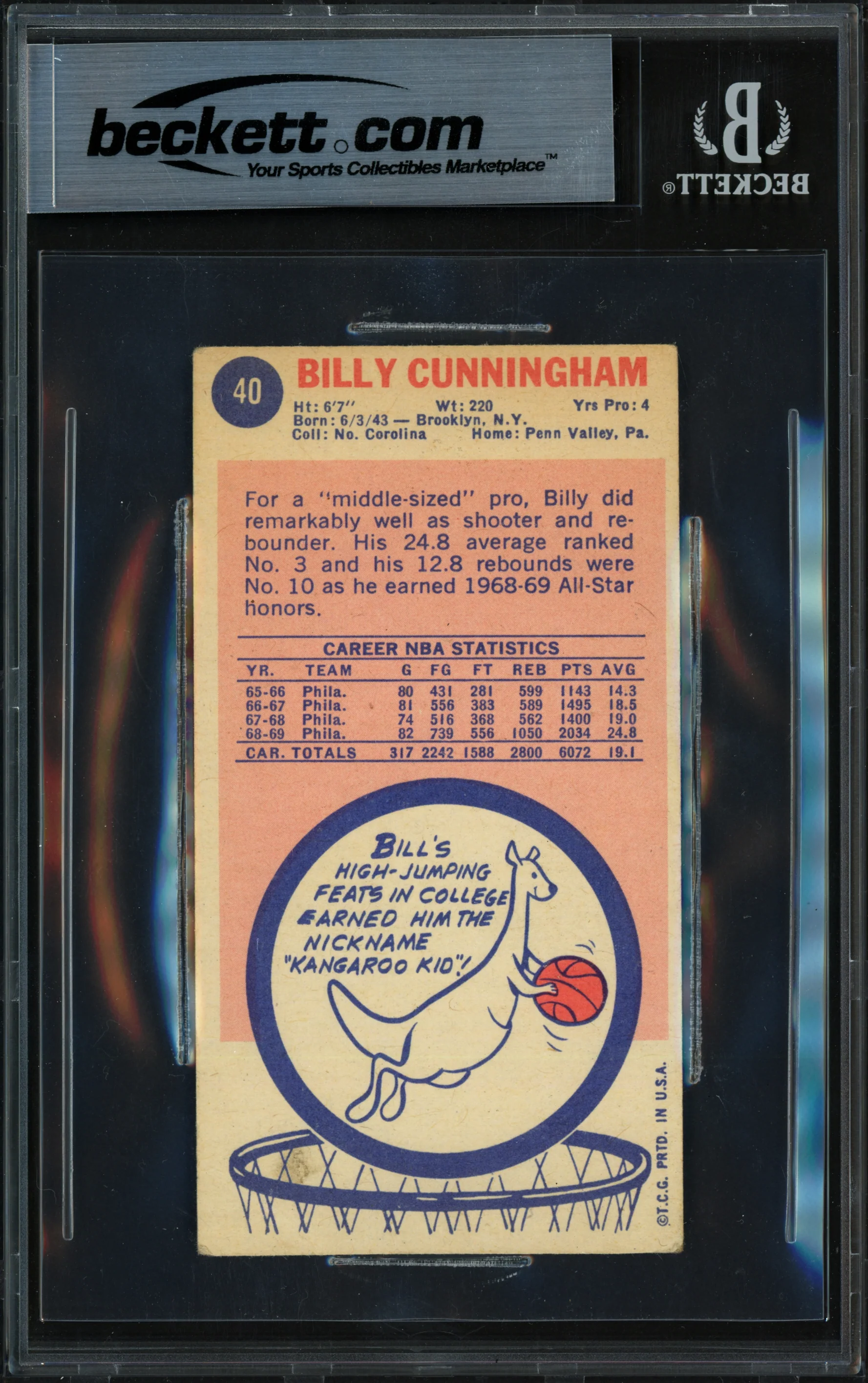 Billy Cunningham Autographed 1969-70 Topps Rookie Card #40 Philadelphia 76ers Beckett BAS #18284334 - Image 2