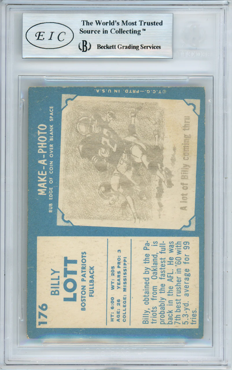 Billy Lott Autographed 1961 Topps Rookie Card #176 Boston Patriots Beckett BAS #10179098 - Image 2