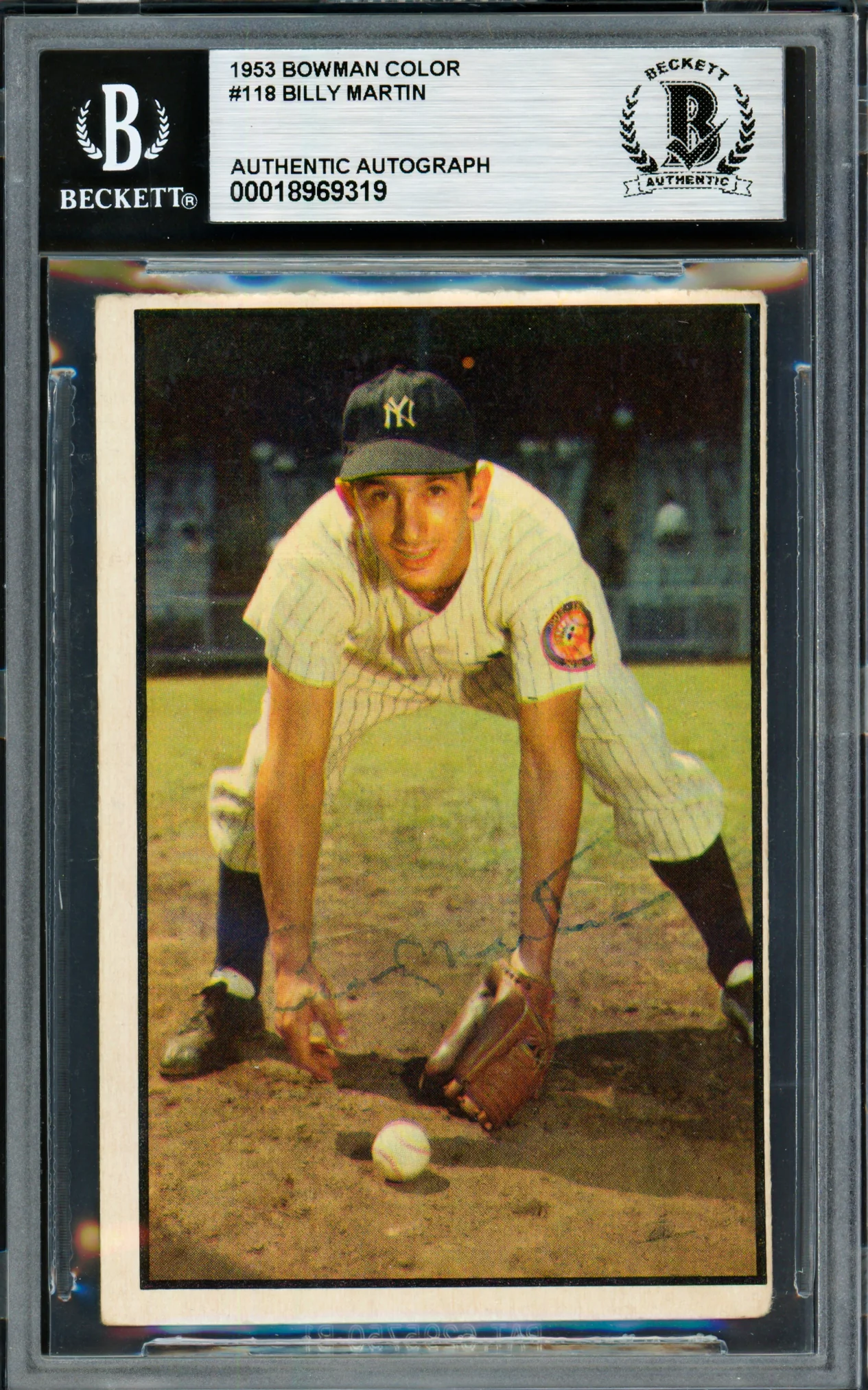 Billy Martin Autographed 1953 Bowman Color Card #118 New York Yankees Beckett BAS #18969319
