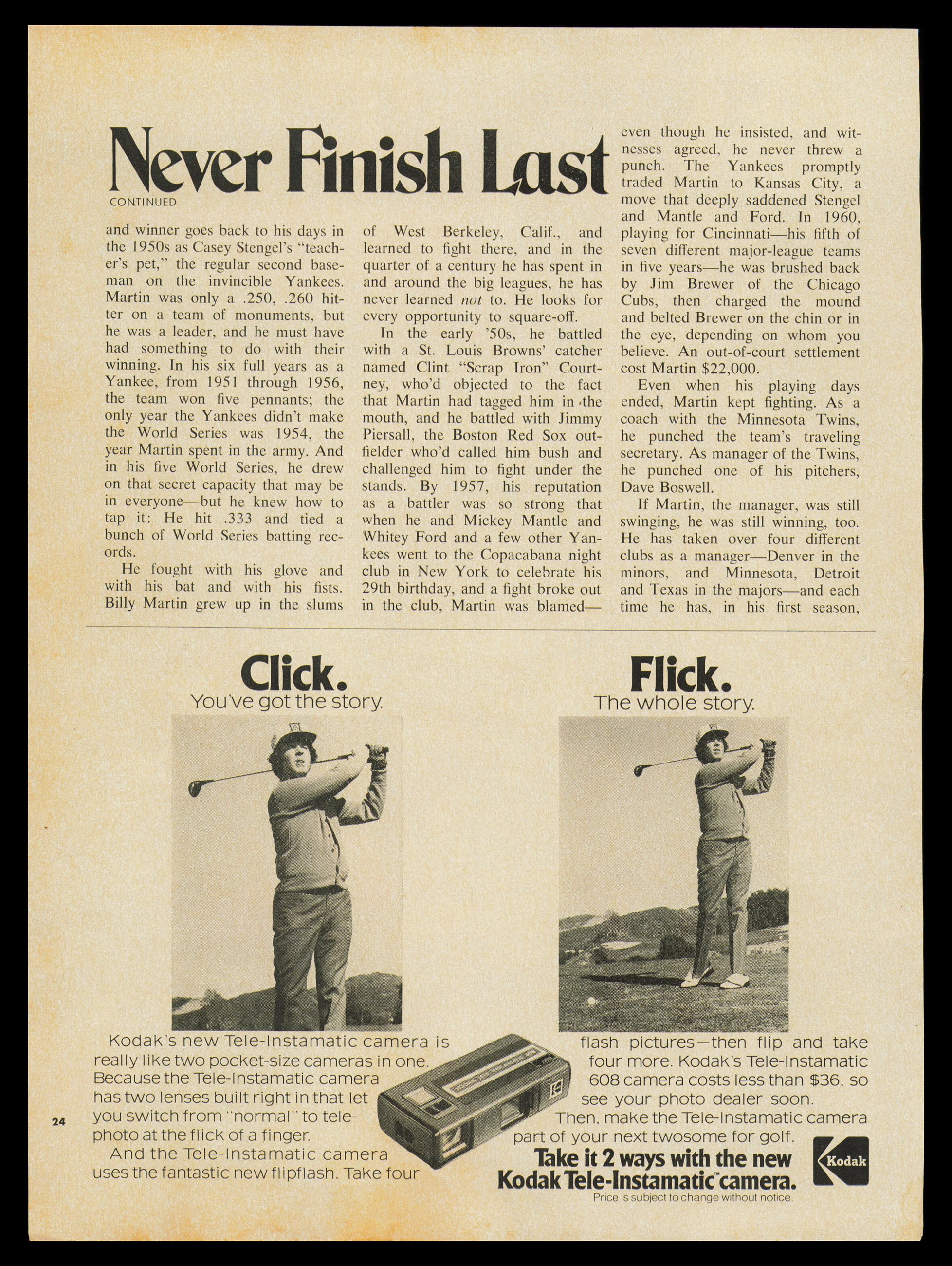 Billy Martin Autographed 8.5x11.5 Magazine Page Photo Texas Rangers Beckett BAS #AD43470 - Image 2